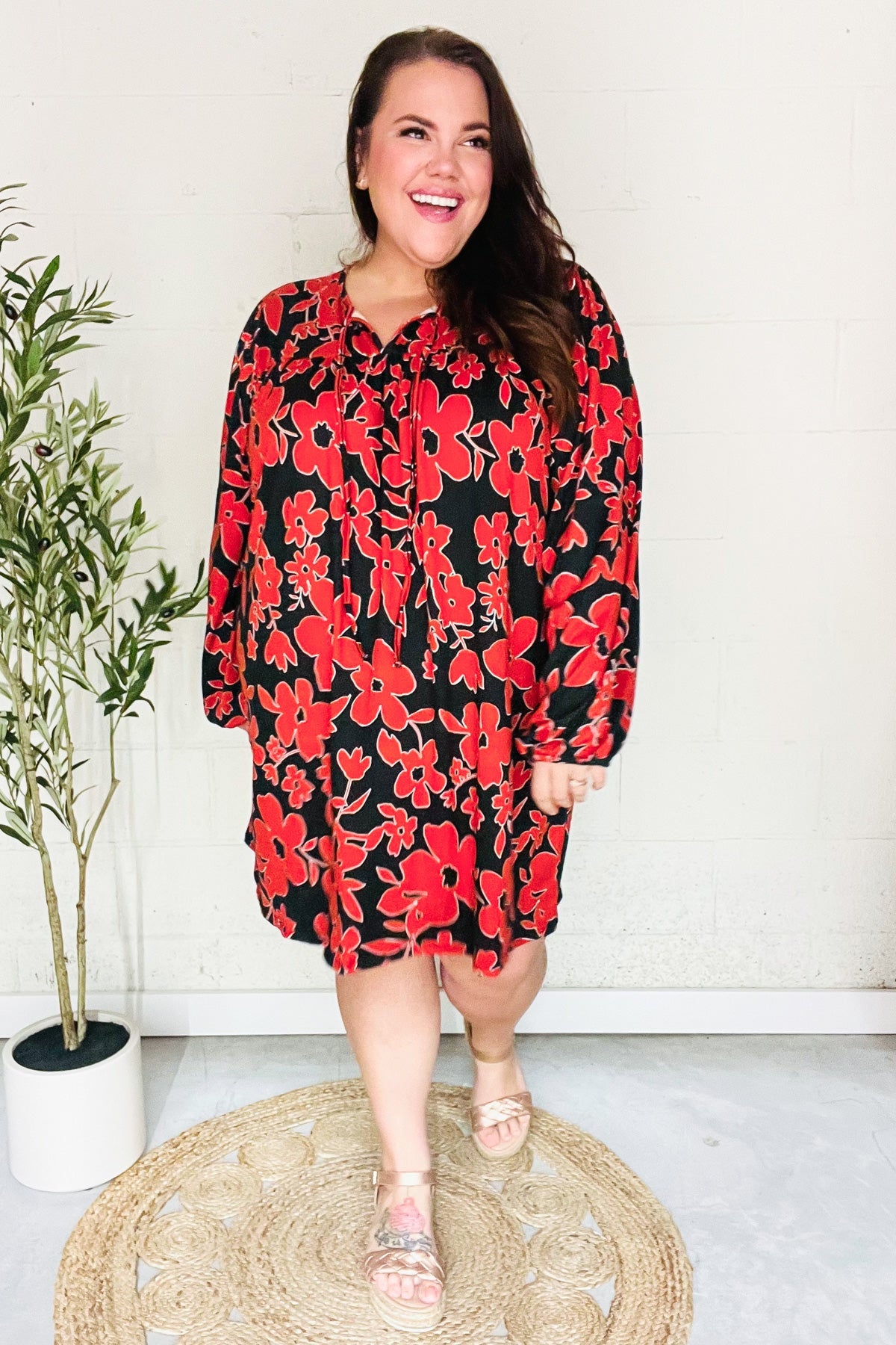 Boldly You Rust & Black Floral Print Front Tie Dress - Elegant Women's Midi Dress for Parties, Dates & Special Occasions