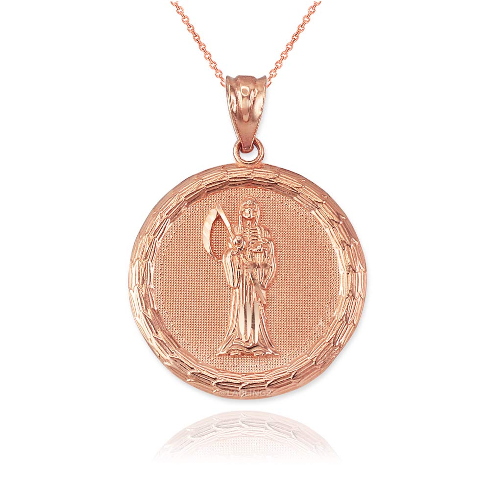 14K Rose Gold Santa Muerte Medallion Pendant Necklace for Women - Religious Jewelry Gift for Day of the Dead, Protection Charm & Spiritual Amulet - Perfect for Everyday Wear, Special Occasions & Altar Decor
