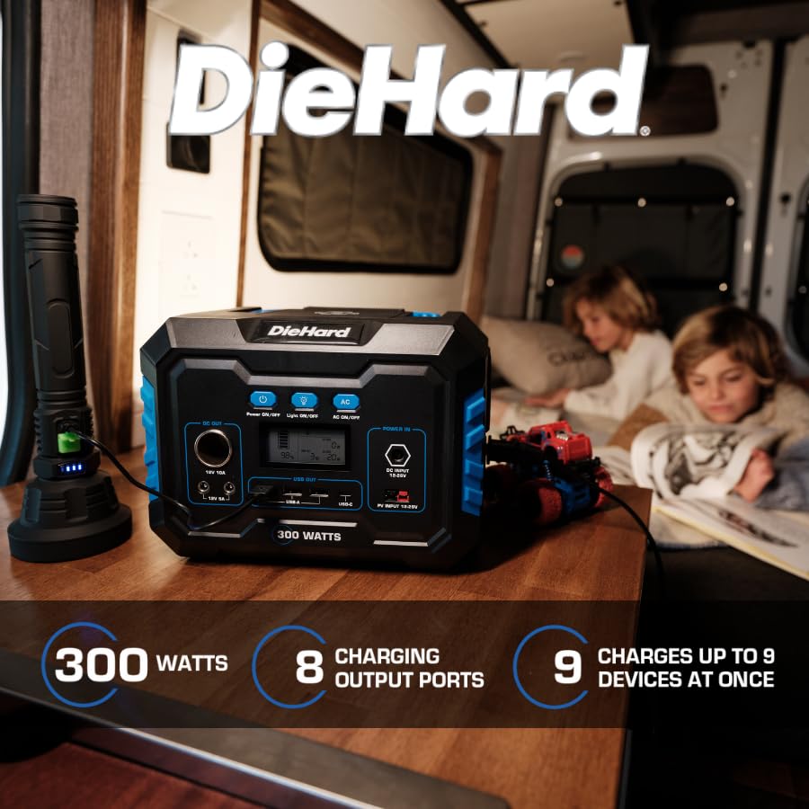 DieHard 300W Portable Power Station (600W Peak) 288.6Wh Solar Generator - Home Backup, Emergency Power Supply, Outdoor Camping, RV Trips & Jobsite Use - Optional Solar Panel Compatible for Off-Grid Power