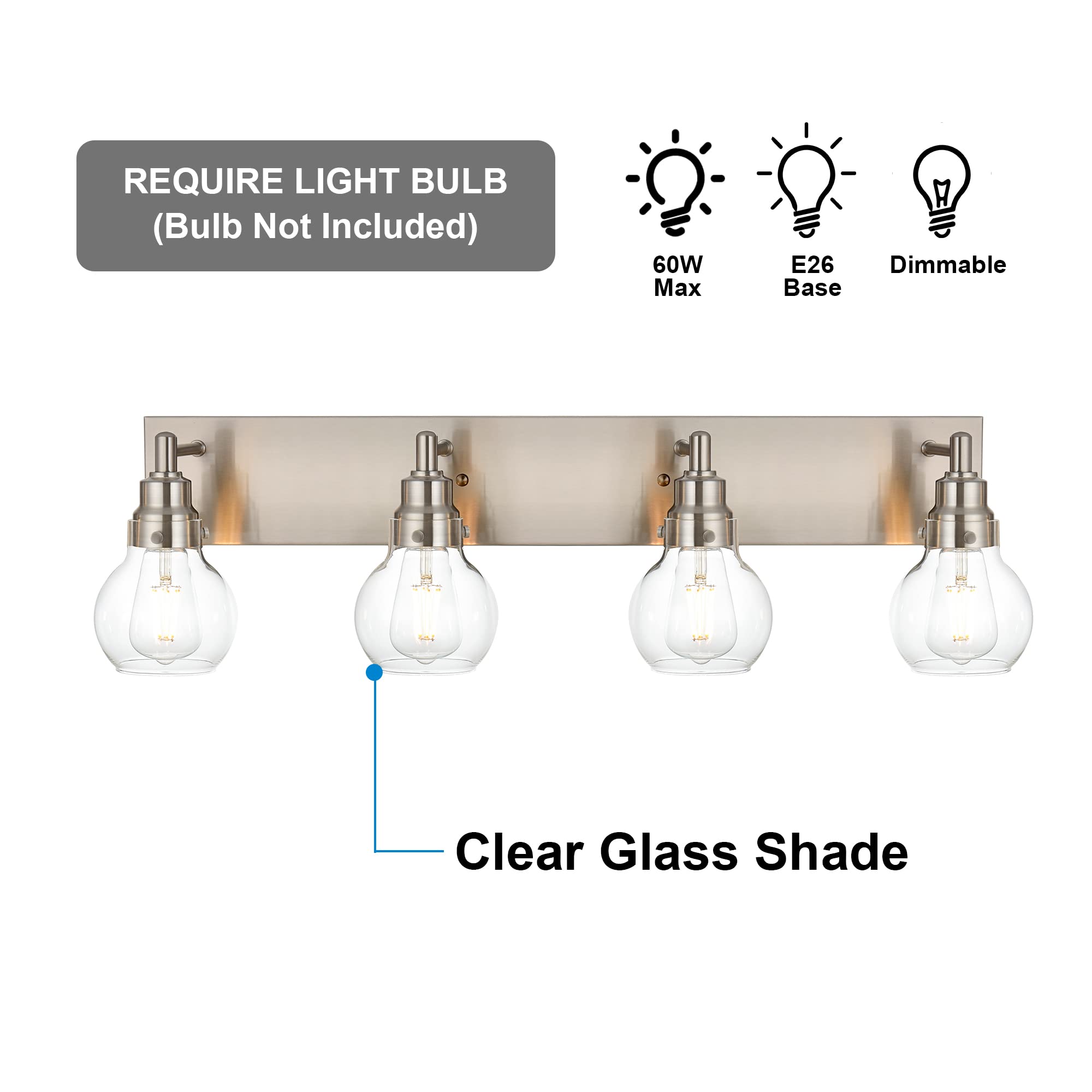 4-Light Modern Bathroom Vanity Light Fixture in Brushed Nickel - Clear Globe Glass Wall Sconce for Bathroom, Powder Room & Foyer Lighting - Perfect for Makeup Vanity, Dressing Area and Hallway Illumination