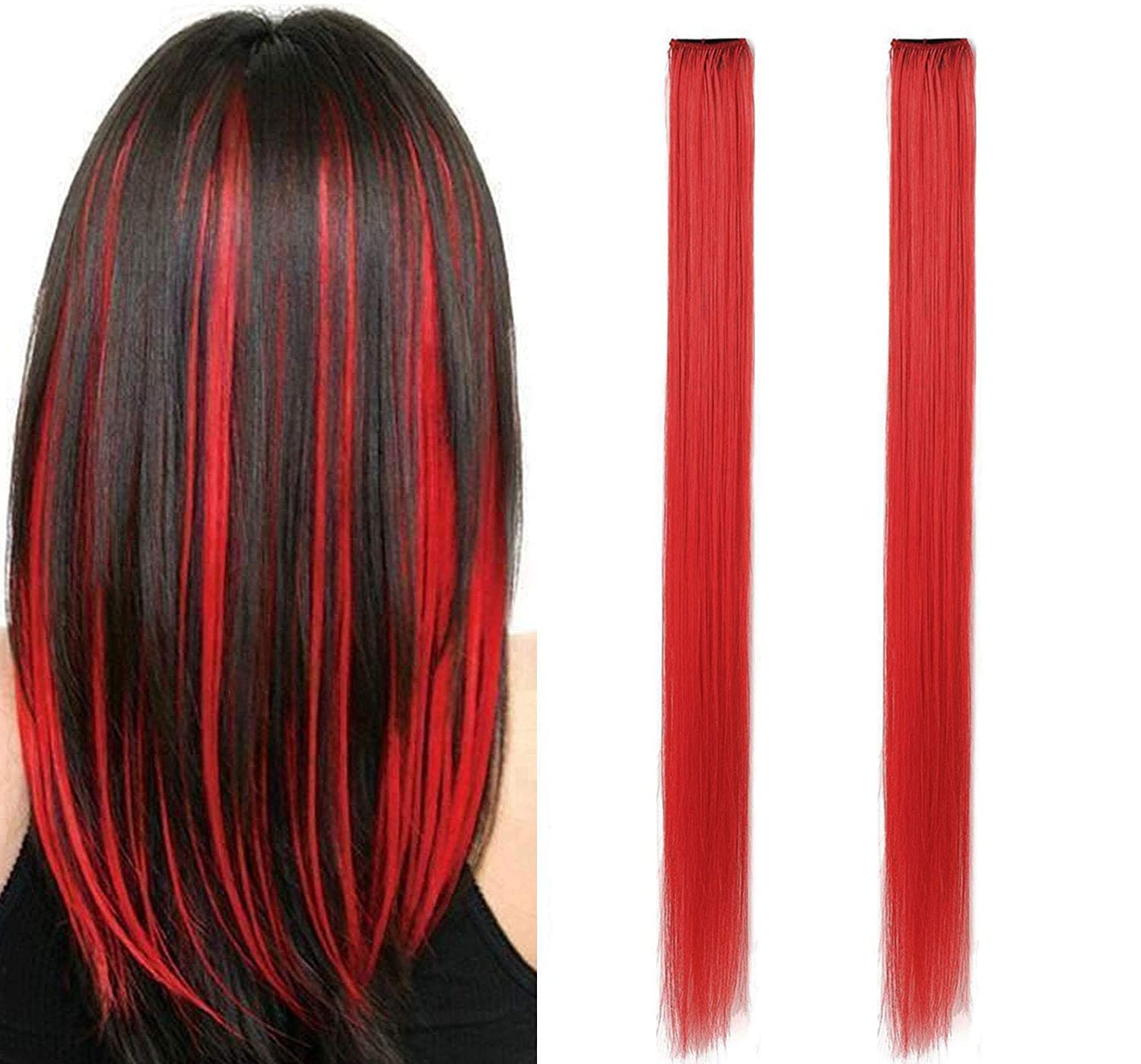Paradise® Red Hair Extensions 22 Inches - 2 Pack Clip-in Straight Synthetic Hair for Women & Girls - Two-Tone Funky Party Hair Streaks - Perfect for Halloween, Cosplay, and Festivals