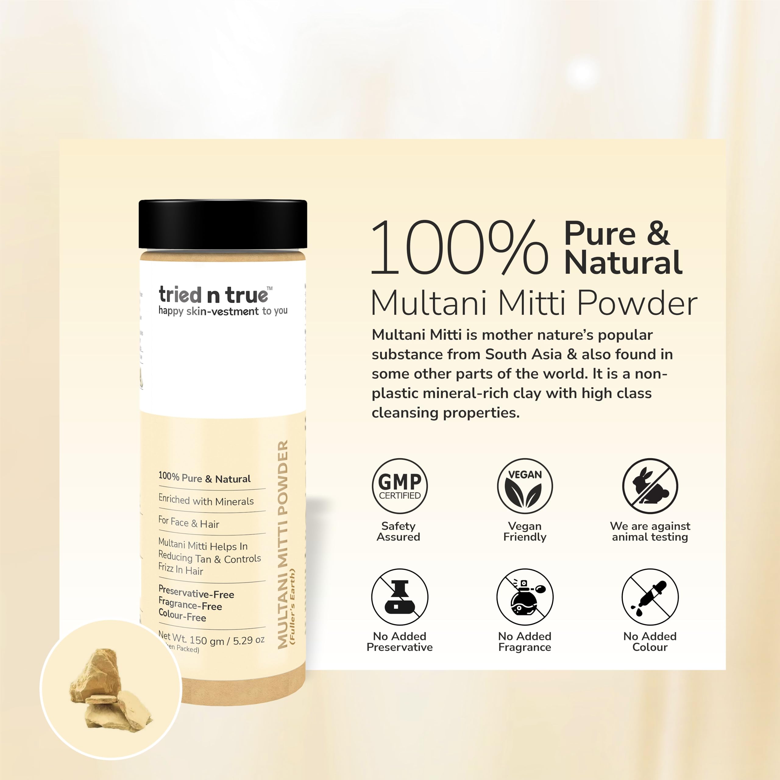 Tried N True Multani Mitti Powder - Natural Fullers Earth Clay for Face & Hair Masks | 100% Pure & Organic Skin Cleansing & Hair Care Treatment - 150g (Pack of 2) | Perfect for Acne-Prone Skin & Deep Hair Conditioning at Home
