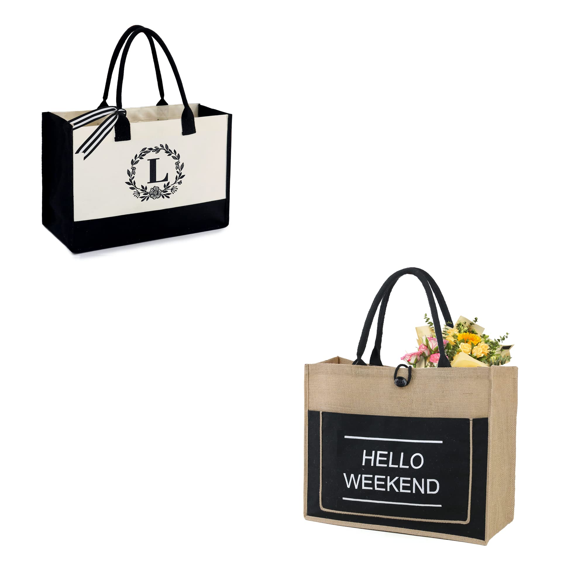 Personalized BeeGreen Monogrammed Canvas Tote Bag with Zipper Pocket | 13OZ Heavy Duty Jute Beach Bag 16.7'' x 12.2'' x 6.3'' | Large Embroidery Burlap Gift for Women | Perfect for Summer Beach Trips, Grocery Shopping & Daily Use