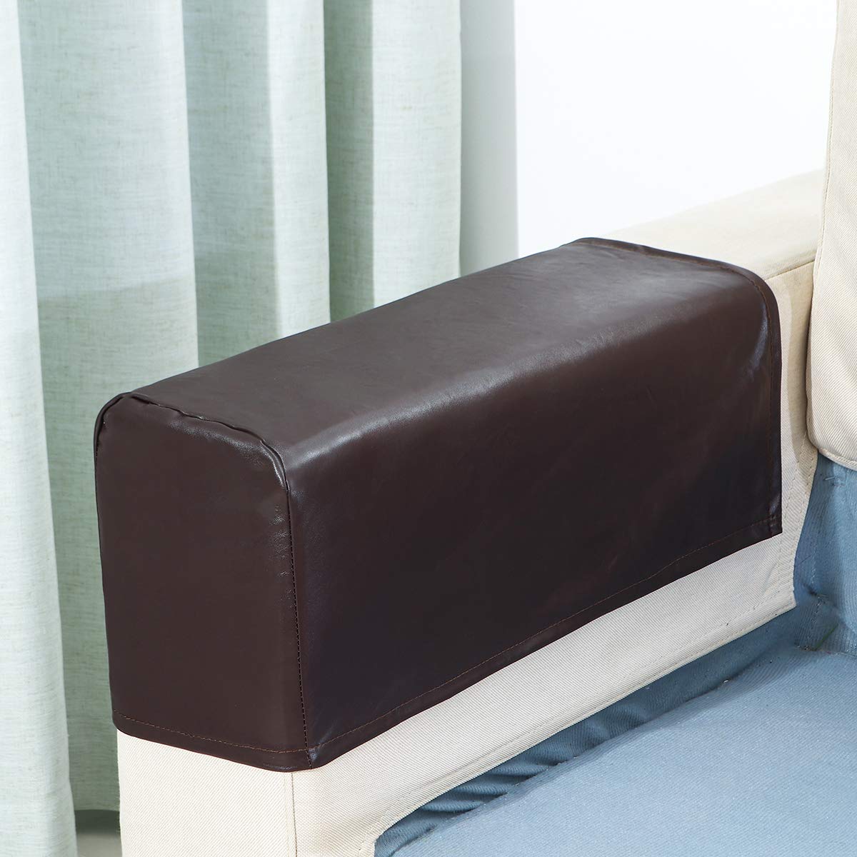 Premium Set of 2 PU Leather Sofa Armrest Covers - Non-Slip Waterproof Furniture Protectors for Recliners, Armchairs & Couches (Coffee Brown) - Perfect for Living Room, Office & Home Theater Seating Protection