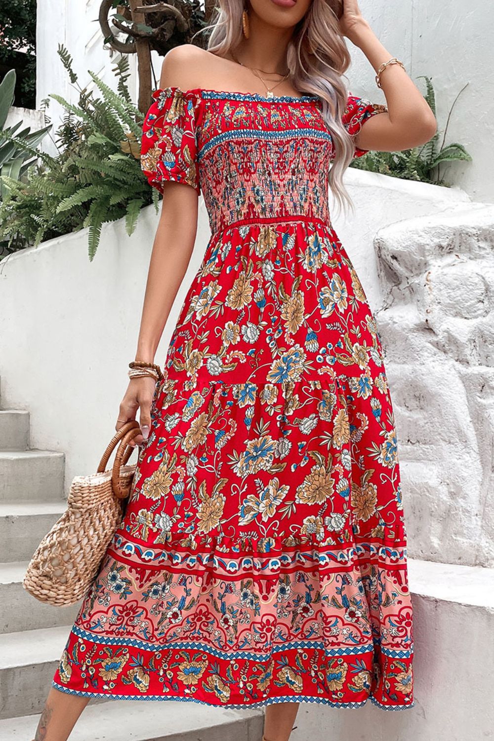 Boho Floral Off Shoulder Midi Dress for Women - Summer Beach Vacation, Wedding Guest, Date Night Outfit