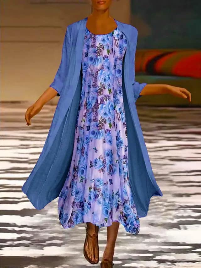 Women's Floral Print Chiffon Dress with Sleeveless Cardigan Set - 3/4 Sleeve Irregular Hem Wedding Guest Dress for Spring/Summer Occasions, Parties & Special Events
