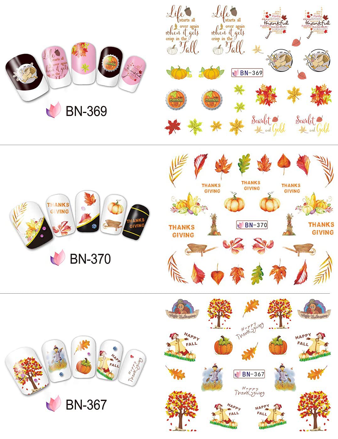 12 Sheets Fall Nail Art Stickers - Thanksgiving Nail Decals with Maple Leaf, Pumpkin & Turkey Designs | Water Transfer Foils for Women, Girls & Kids | DIY Fingernail & Toenail Decoration | Perfect for Autumn Manicures, Halloween Parties & Holiday Nail Art