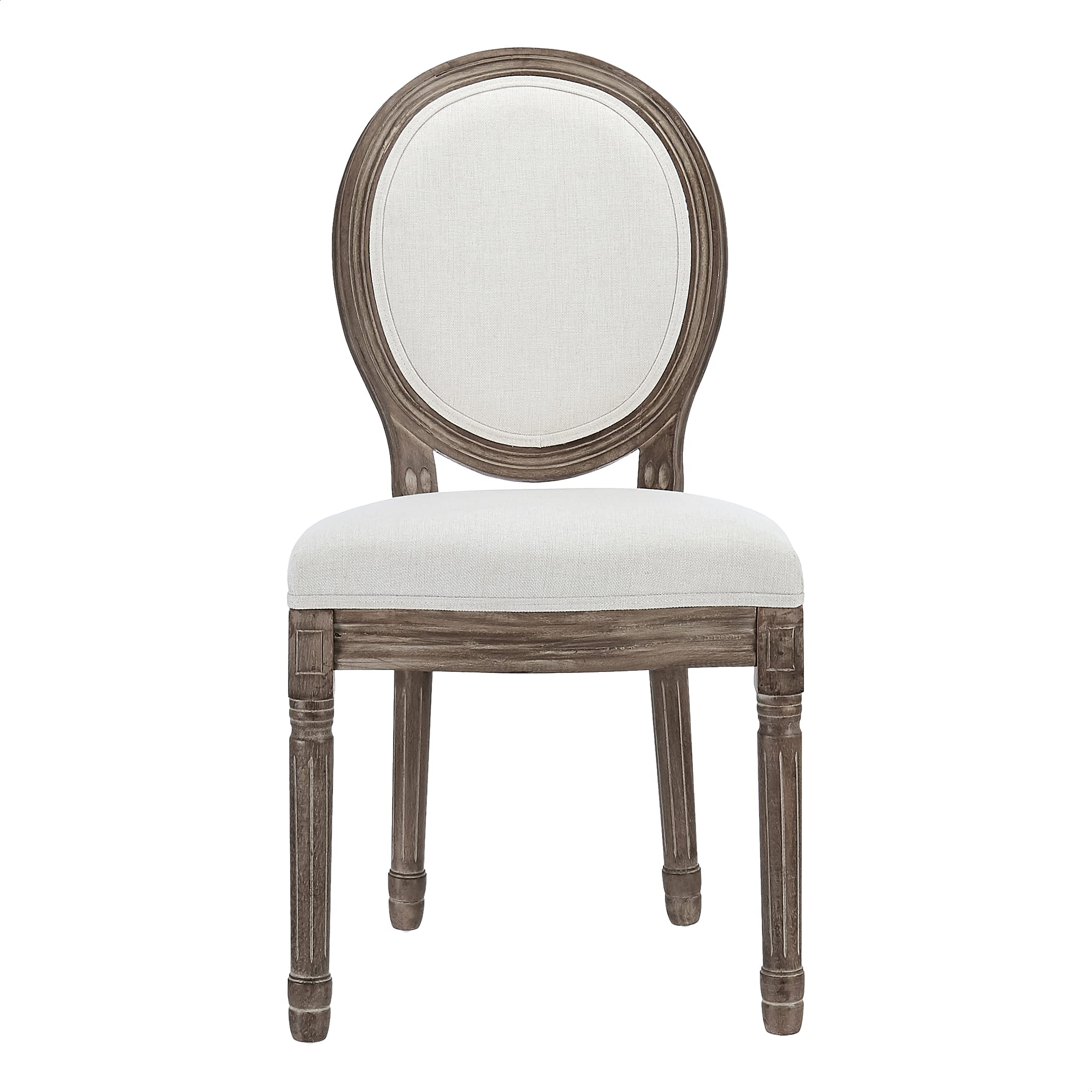French Country Farmhouse Dining Chairs - Set of 2 Distressed Round Back Accent Chairs with Fabric Upholstery in Beige | Perfect for Kitchen, Dining Room & Bedroom Decor
