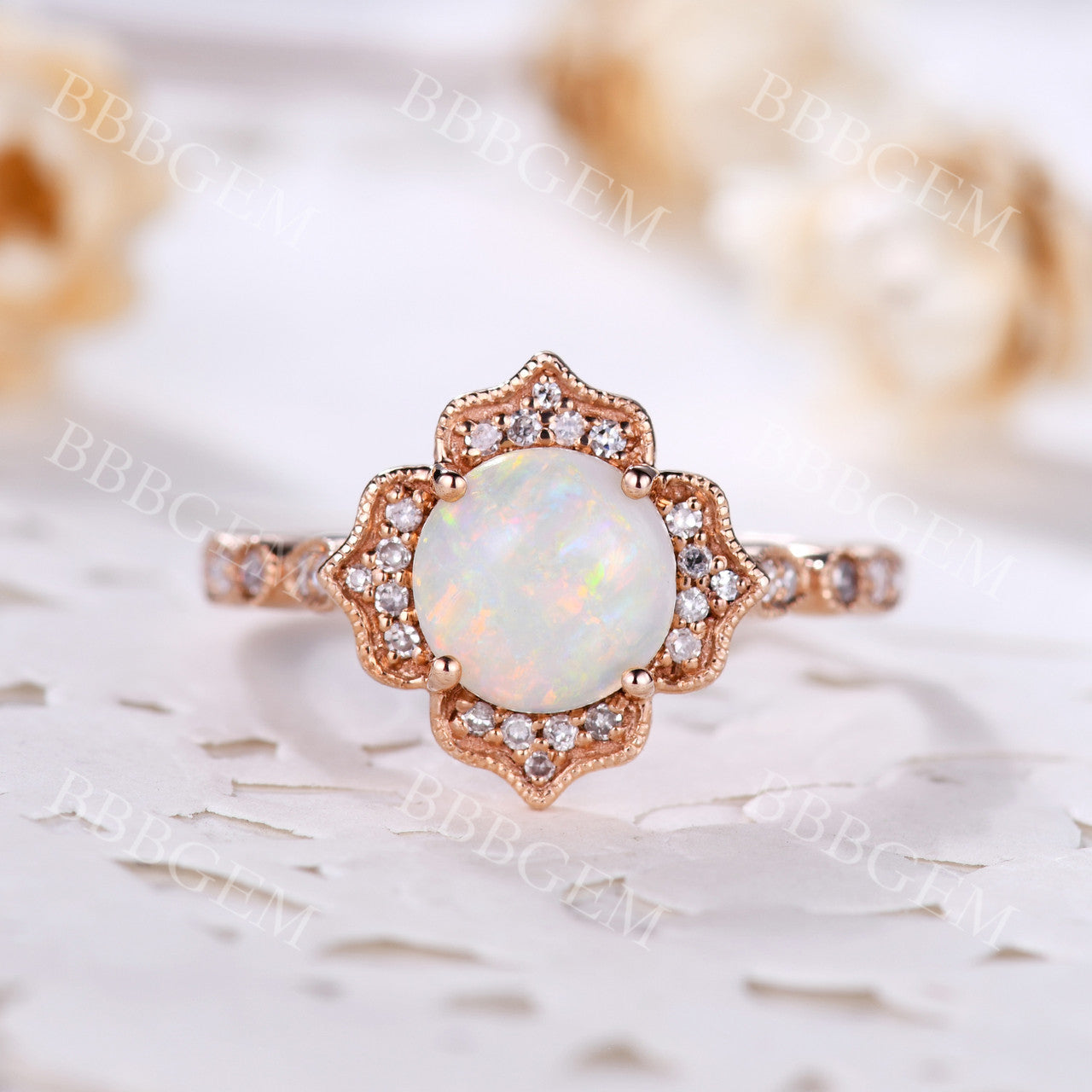 Vintage 1.2CT White Fire Opal Engagement Ring with Diamond Halo in Rose Gold - Perfect for Proposals, Anniversaries & Special Occasions
