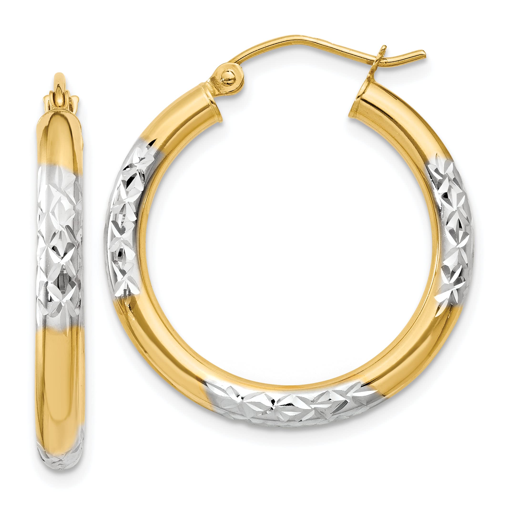 14K Gold Rhodium Plated Diamond-Cut 3x25mm Hoop Earrings for Women - Elegant Everyday & Party Jewelry Gift