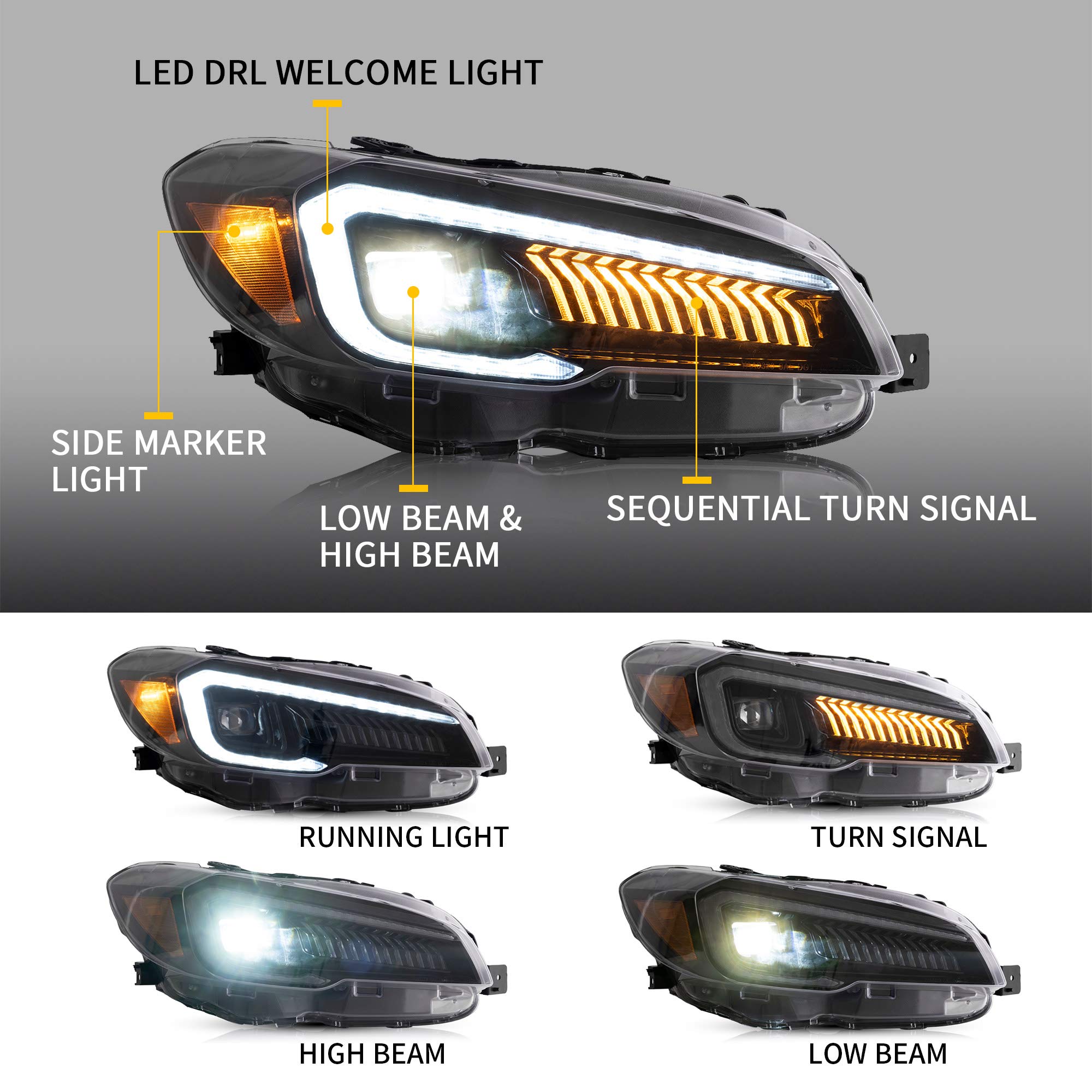 VLAND LED Headlights for 2015-2021 Subaru WRX & STI (Limited/Base/Premium) - High Brightness, Amber Reflector, Welcome Running Lights - Upgrade Your Night Driving (Not Compatible with LED/AFS/SRH Models)