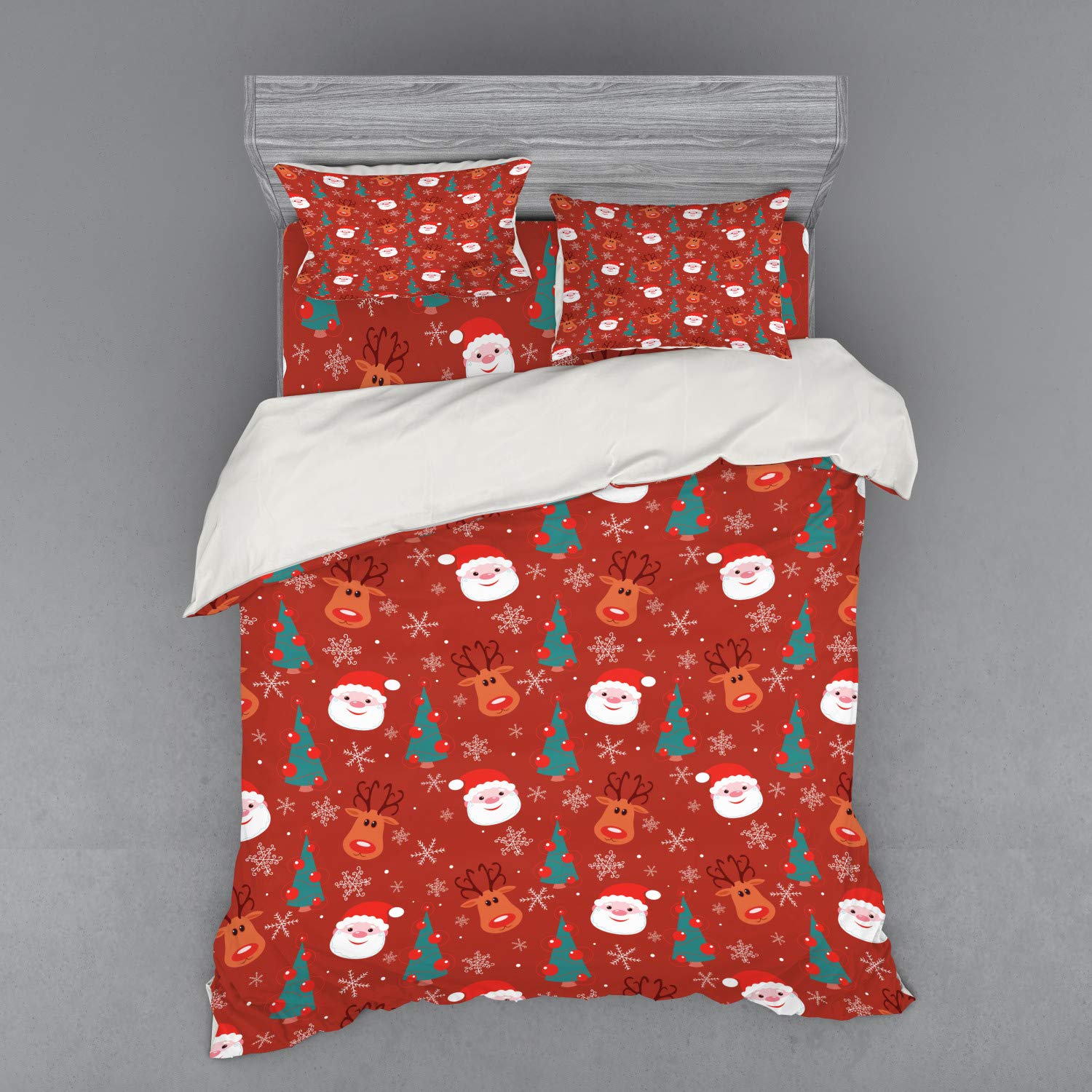Ambesonne Red Christmas Duvet Cover Set - 4 Piece Queen Size Bedding with Santa, Rudolph & Snowflakes Design | Holiday Decor for Festive Bedroom, Cozy Winter Nights & Christmas Gifts