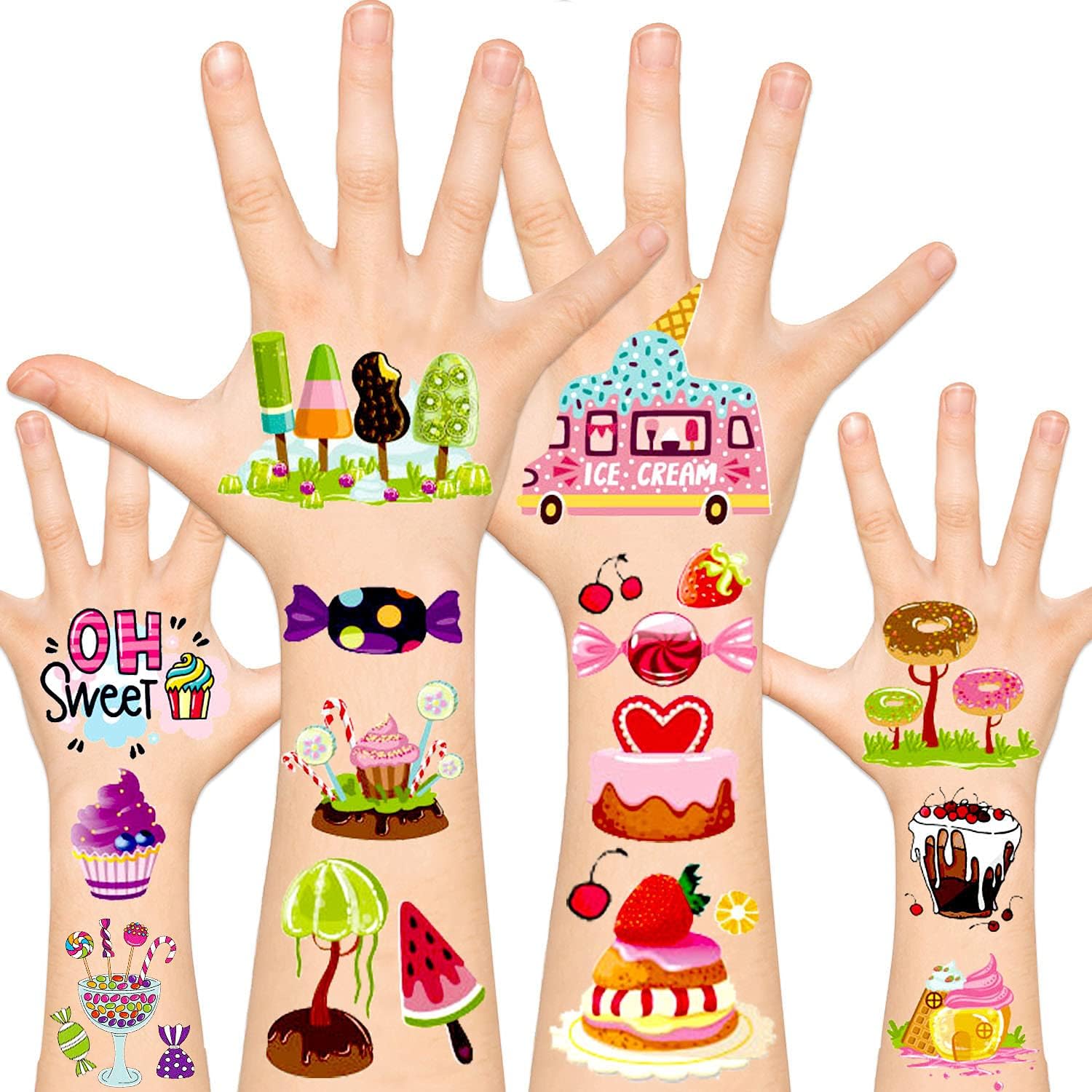 130pcs Kids Temporary Tattoos - Ice Cream & Candy Themed Fake Tattoos for Birthday Parties, Halloween Goodie Bags, Party Favors & Decorations - Perfect for Kids' Events, Classroom Rewards & Summer Camp Activities