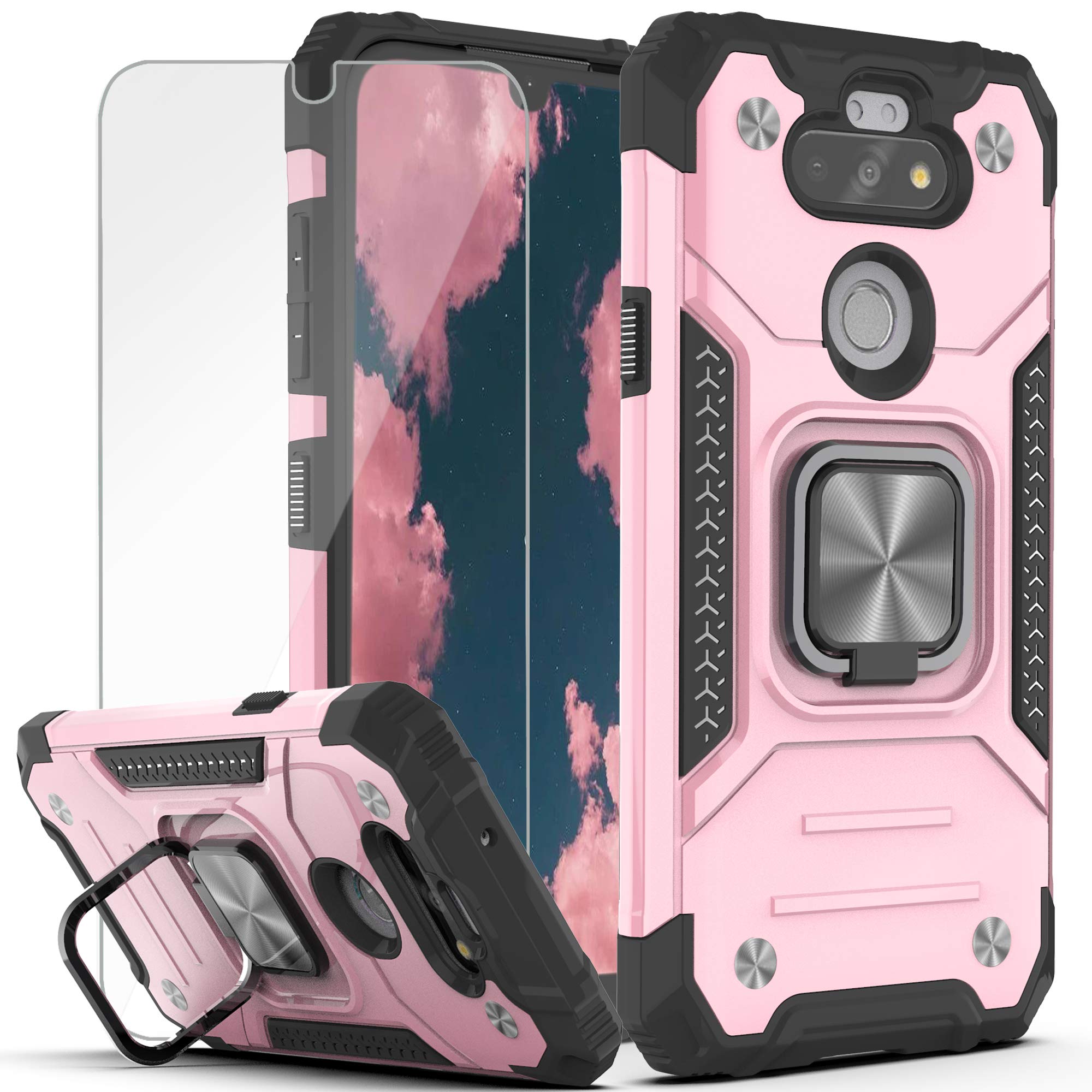 Premium Shockproof Case for LG K31/Fortune 3/Risio 4/Phoenix 5/Tribute Monarch/Aristo 5 Plus - Heavy Duty Protective Cover with HD Screen Protector & Rotating Ring Kickstand (Rose Gold) - Perfect for Everyday Use, Travel, and Outdoor Activities