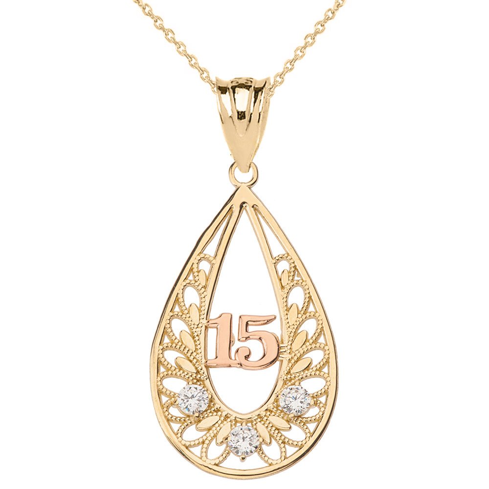 14k Two-Tone Gold Filigree Quinceañera Necklace Pendant - Elegant 15th Birthday Gift for Girls - Perfect for Quinceañeras, Sweet 16 Parties & Special Occasions