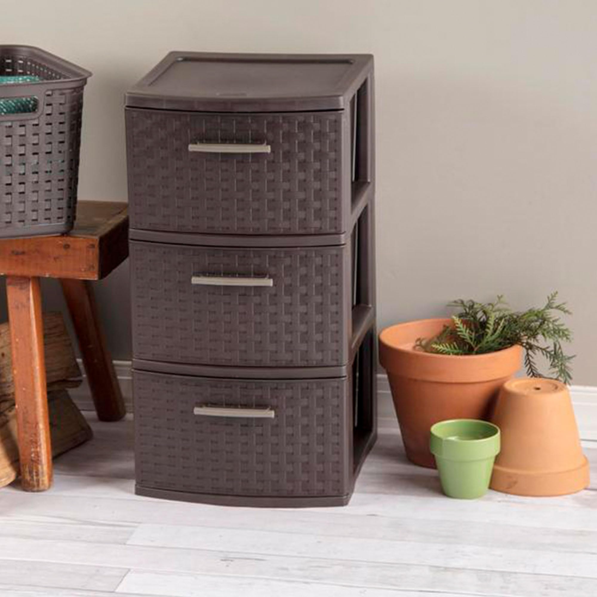 Sterilite 3 Drawer Storage Tower - Plastic Decorative Weave Organizer Drawers for Dorm, Closet, Bedroom & Craft Room - 4 Pack in Espresso - Perfect for Home, Office & School Organization