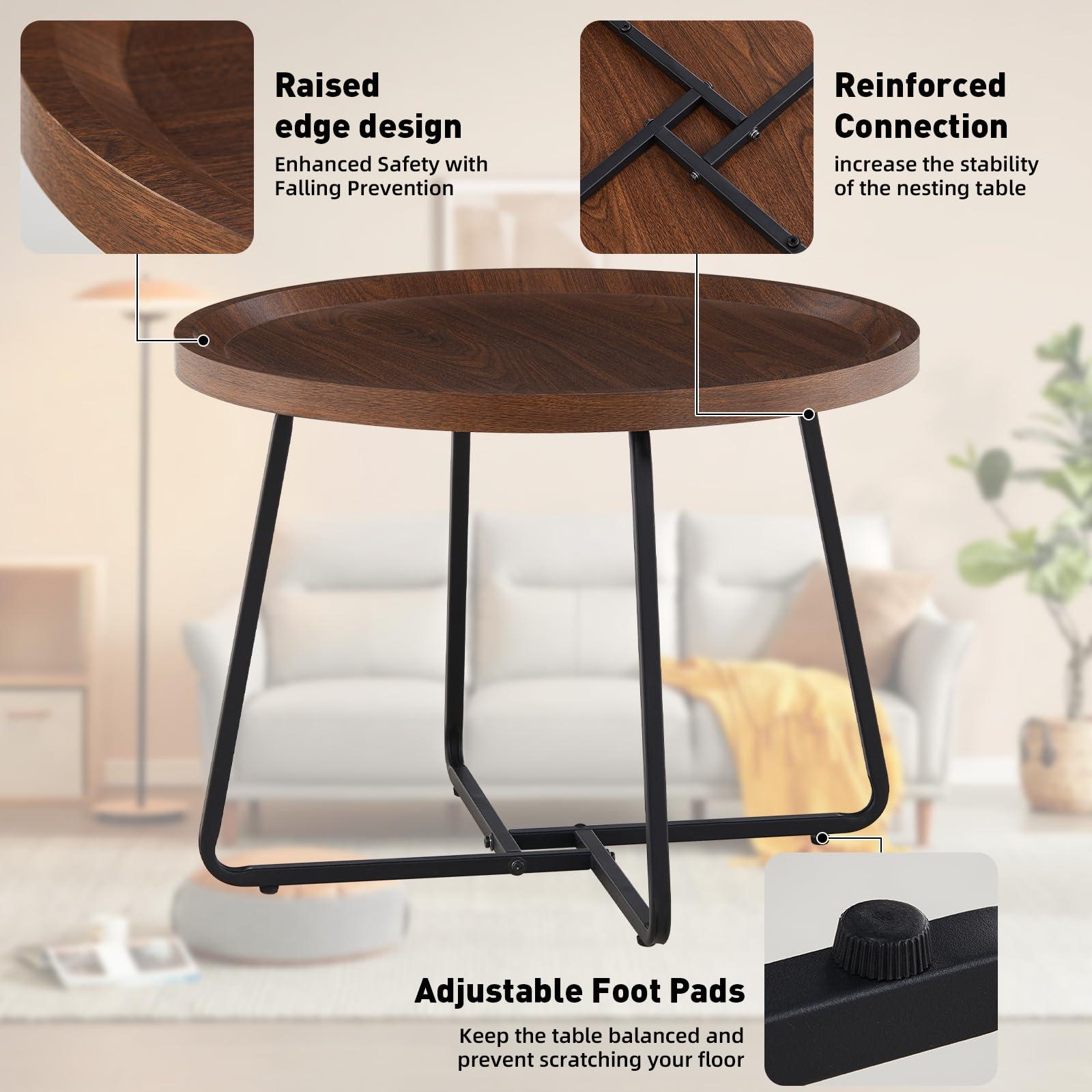 TUKAILAi 2-Piece Round Nesting Coffee Table Set - Walnut Finish with Metal Legs & Adjustable Foot Pads, Circular End Tables with Raised Edge Design for Living Room, Bedroom, Lounge - Perfect for Small Spaces & Modern Home Decor (Brown)