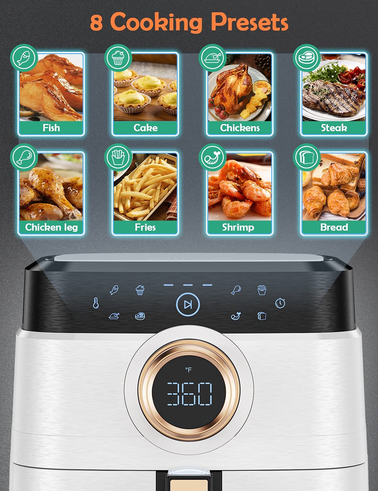 ALLCOOL 8QT Large 1700W Air Fryer Oven with Touch Screen - 8-in-1 Multi-Function Countertop Convection Oven, Dishwasher Safe Nonstick Basket, 36 Recipes Included, BPA & PFOA Free (White) - Perfect for Healthy Frying, Baking, Roasting, and Reheating Meals for Families