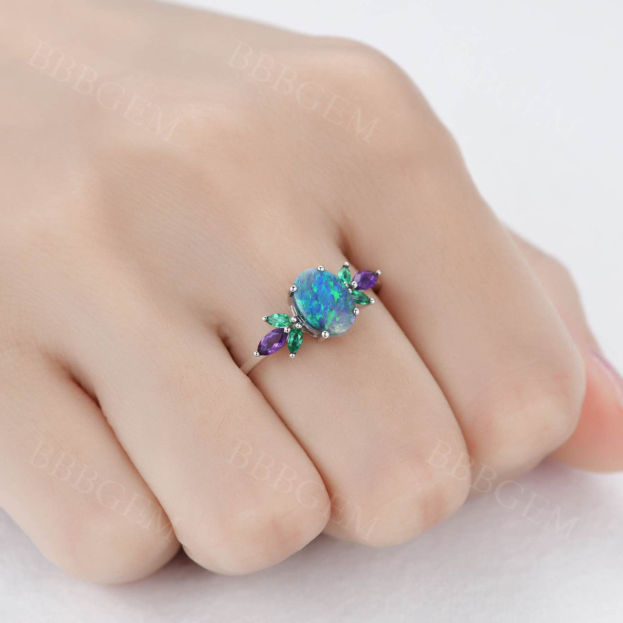 1.5CT Oval Cut Black Opal Rose Gold Engagement Ring with Marquise Amethyst & Emerald Accents - Perfect for Proposals, Anniversaries & Special Occasions