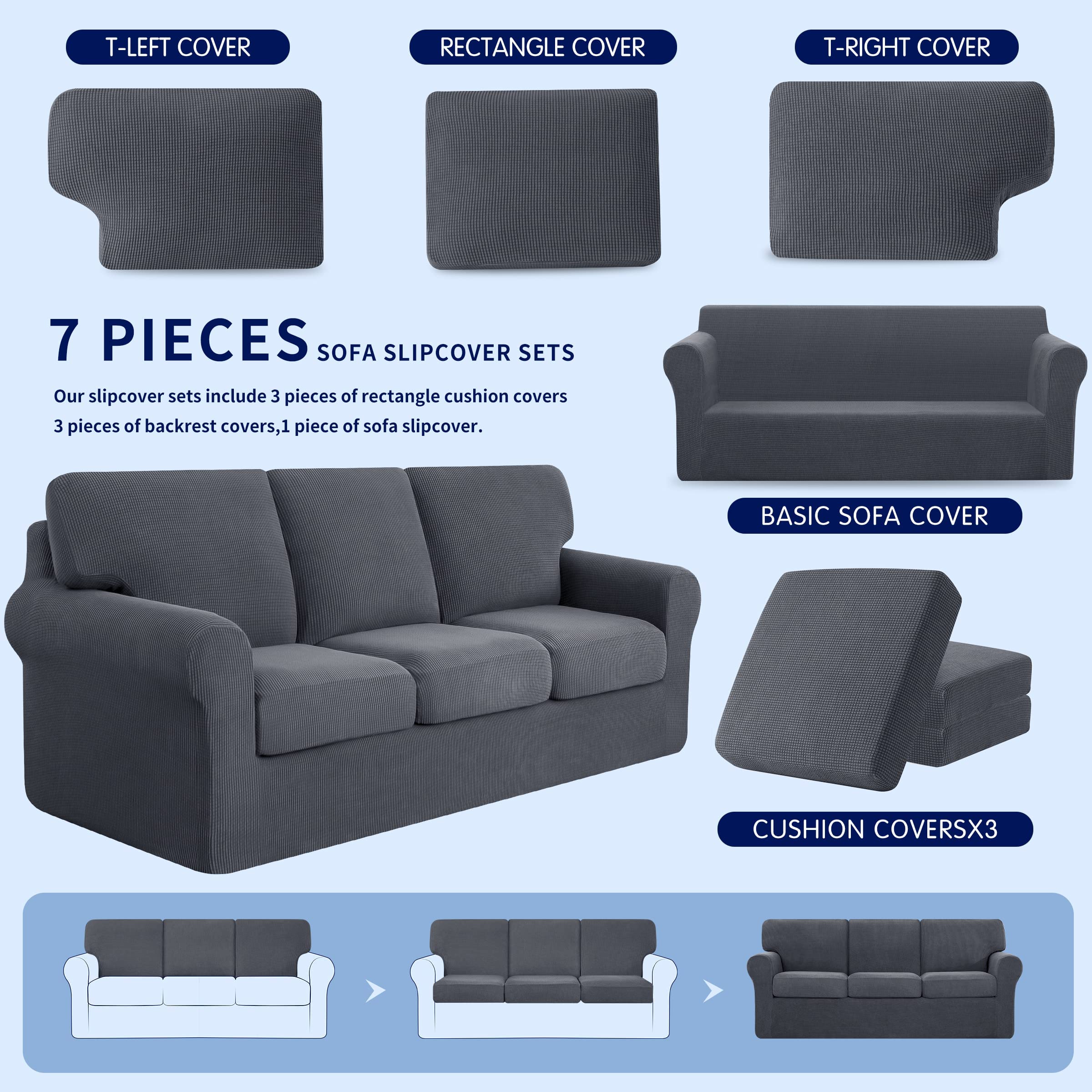 SUBRTEX 3-Piece Armchair Cover & 7-Piece Sofa Slipcover Set - Stretchable Couch Covers with Separate Backrest & Cushion Covers (Small/Large, Gray) - Perfect for Living Room Furniture Protection & Home Decor Upgrade