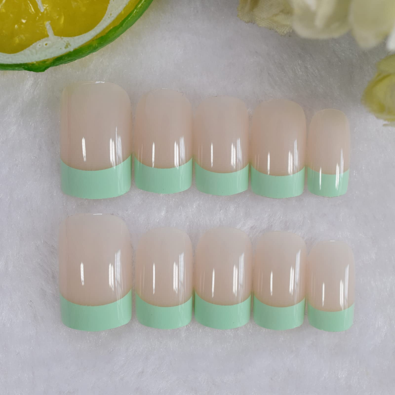 Natural Nude Green Edge French Press-On Nail Tips - Short Squoval False Nails for Salon & DIY Manicure | Reusable Artificial Nails for Daily Wear, Office & Home | Perfect for Work, Parties & Special Occasions