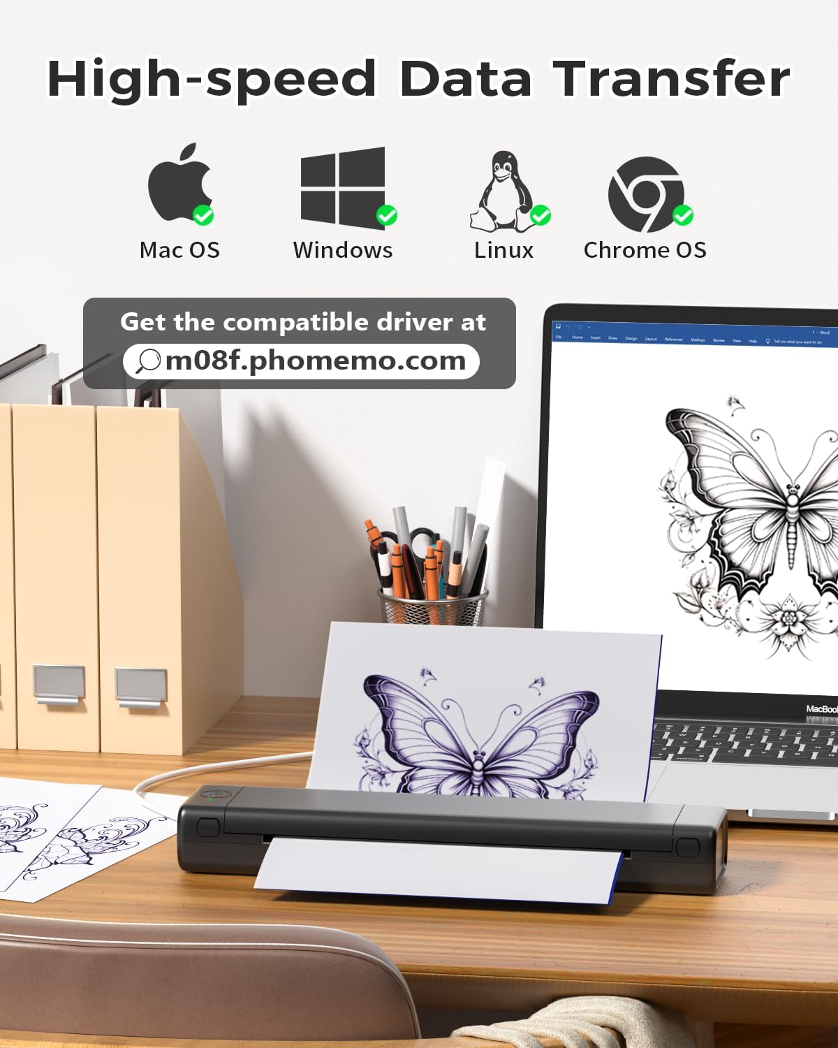 COLORWING M08F Wireless Bluetooth Tattoo Stencil Printer - Portable Thermal Tattoo Transfer Machine for Professional Artists, A4 Skin Stencil Printer with Tattoo Transfer Paper - Perfect for Tattoo Studios, Home Use & Mobile Tattoo Artists (Black)