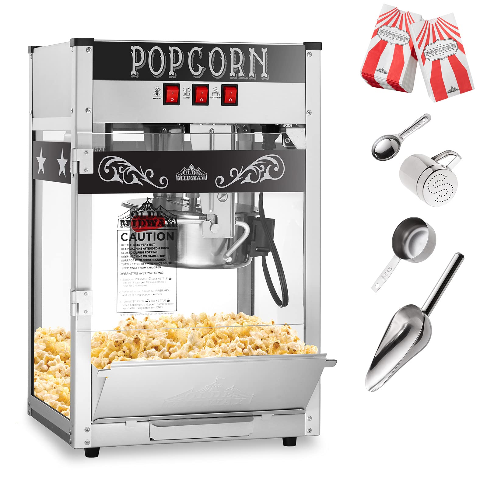 Olde Midway Commercial Popcorn Machine - 8-Ounce Stainless Steel Kettle - Professional Popcorn Popper for Movie Theaters, Carnivals & Home Theater Snacks - Black