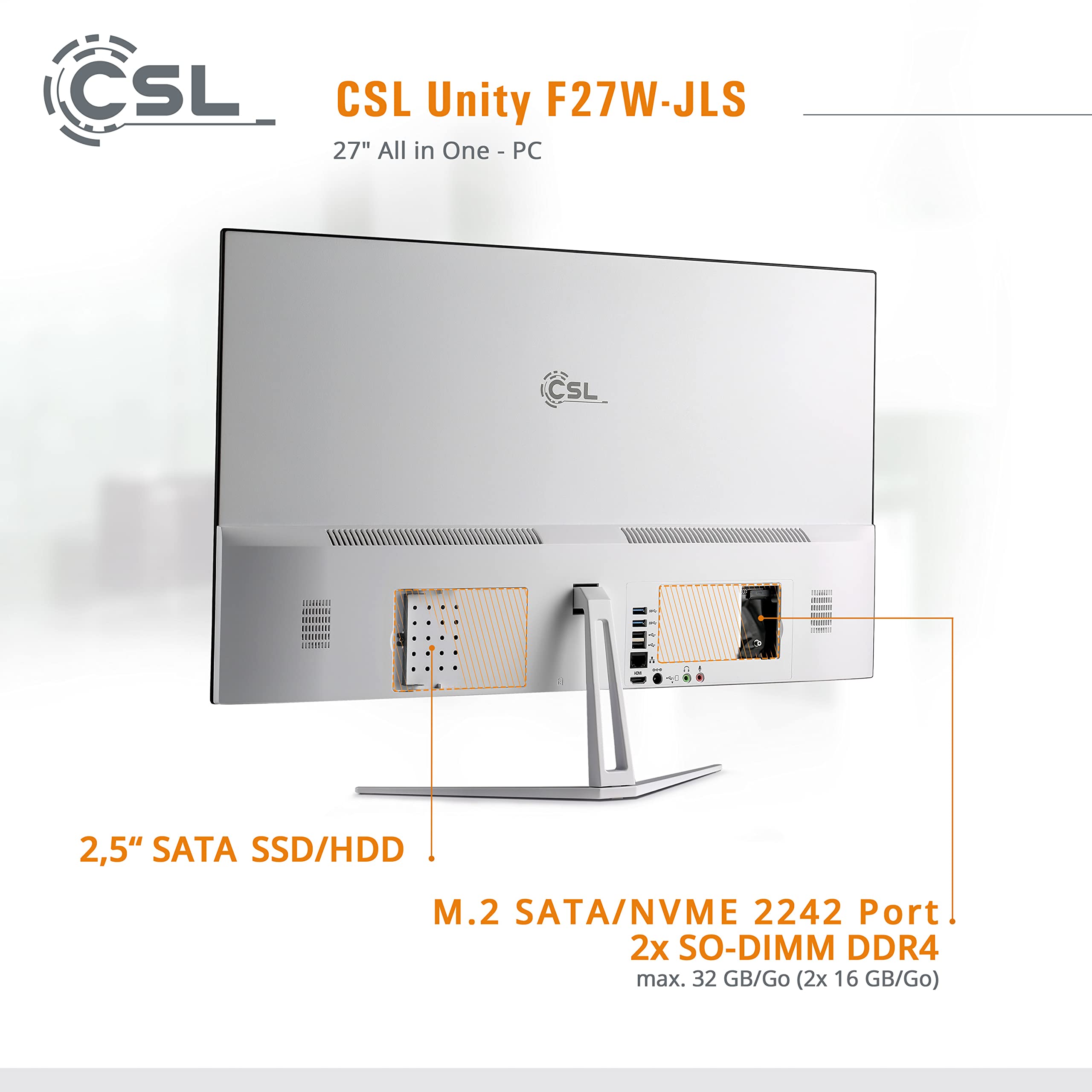 CSL Unity F27W-JLS 27-inch All-in-One PC - Intel Celeron N5100 Quad-Core, 32GB DDR4 RAM, 2TB SSD, Full HD 1080p Display, Windows 11 Home - White | Perfect for Home Office, Online Learning & Entertainment