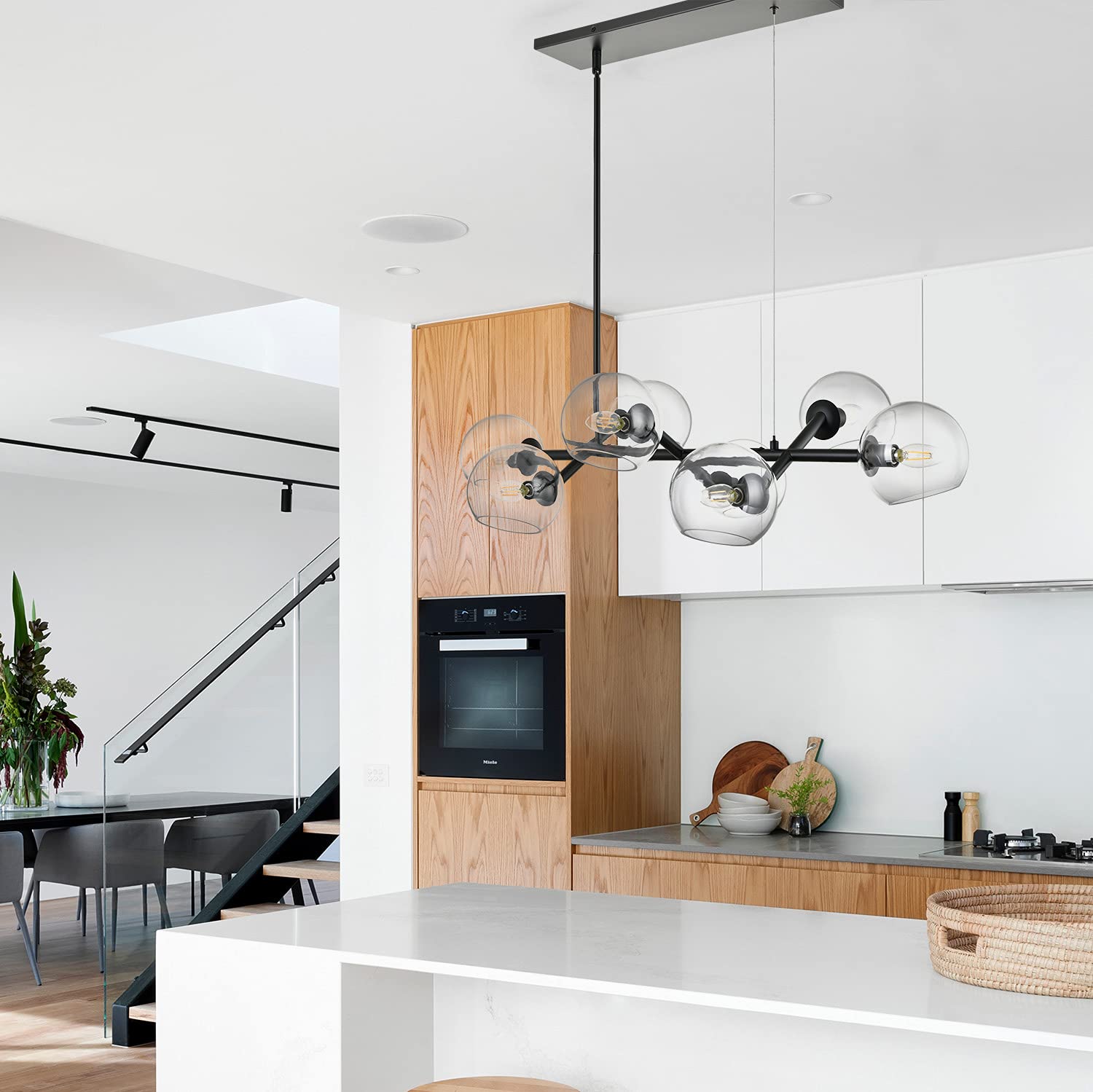 8-Light Black Modern Linear Chandelier - Rectangular Farmhouse Dining Room Light Fixture with Clear Glass Globes, UL Listed - Perfect for Kitchen Islands, Dining Tables & Contemporary Spaces