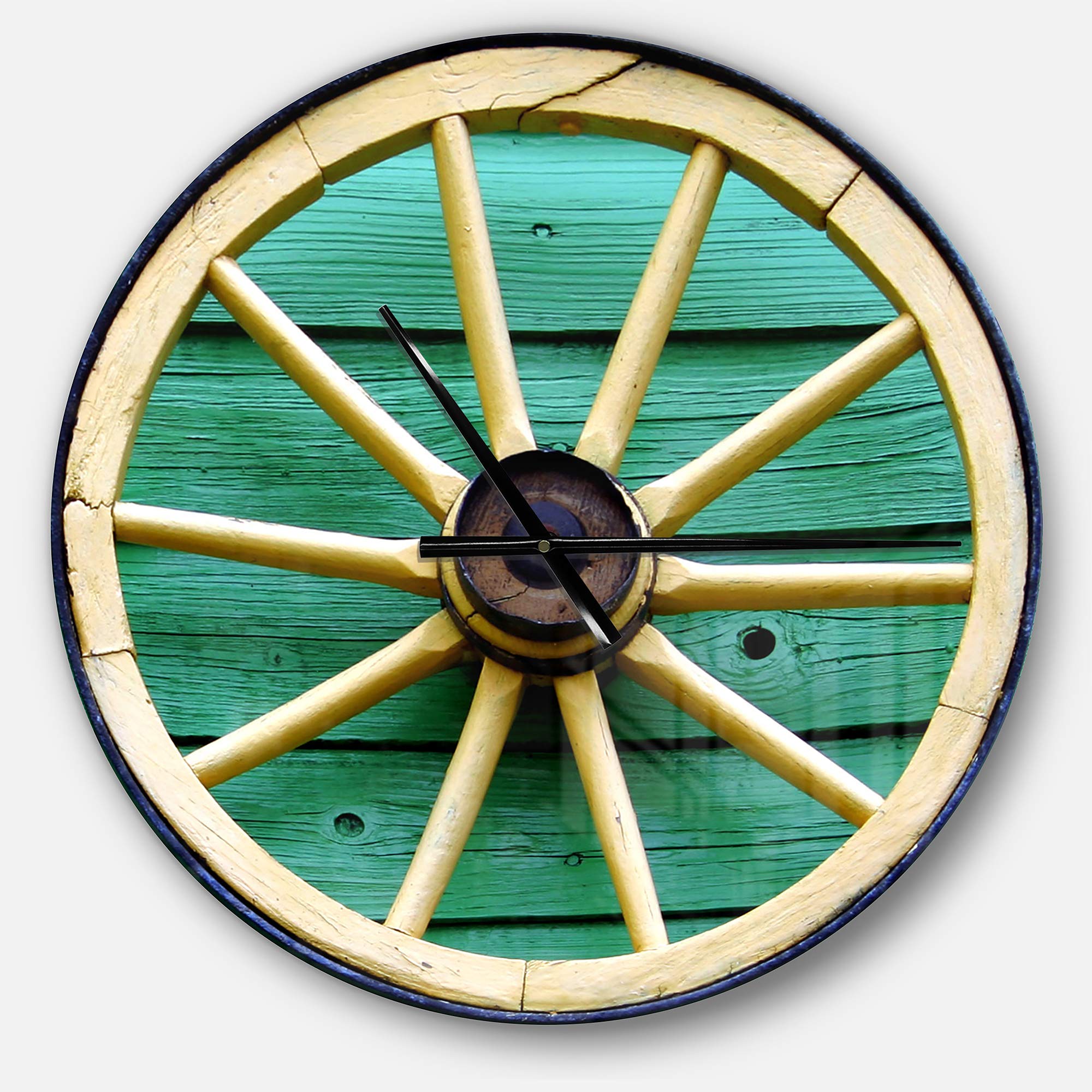 Designart Antique Wagon Wheel Turquoise Wood Wall Clock - Rustic Farmhouse Decor for Living Room, Bedroom, Office | Decorative Round Metal Wall Art for Home Décor