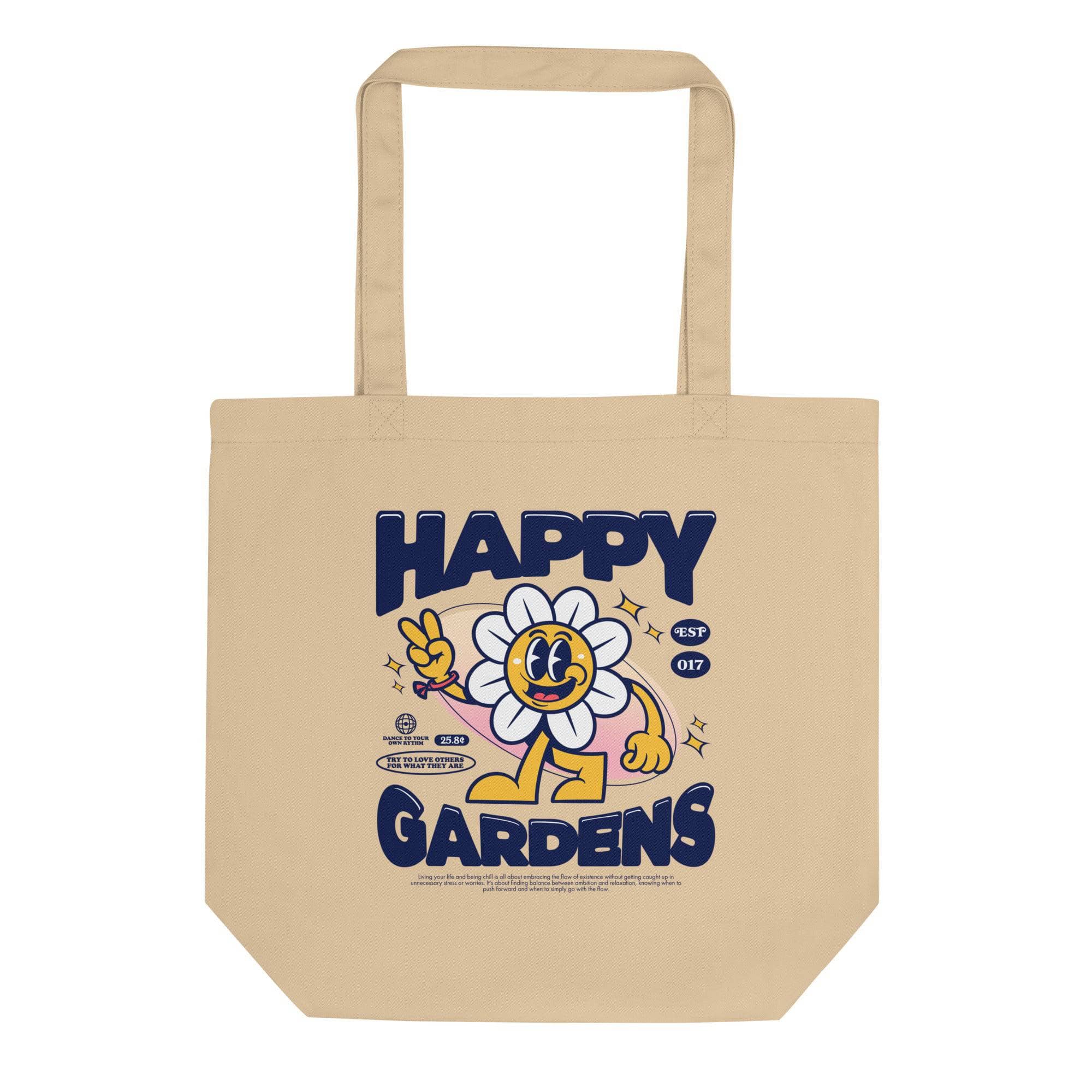 Happy Gardens Eco-Friendly Reusable Tote Bag - Sustainable Shopping Grocery Bag for Farmers Market, Beach & Travel
