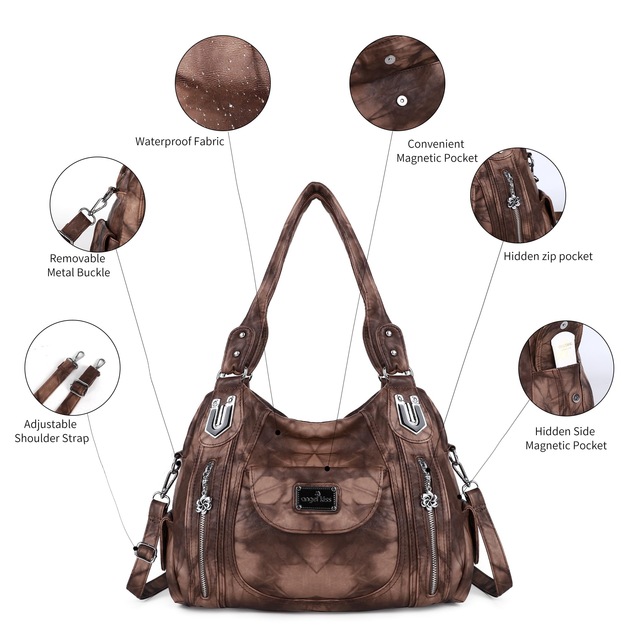 Angel Kiss Women's Large Shoulder Bag - Faux Leather Hobo Tote Purse with Multiple Pockets, Stylish Satchel for Work, Travel & Everyday Use