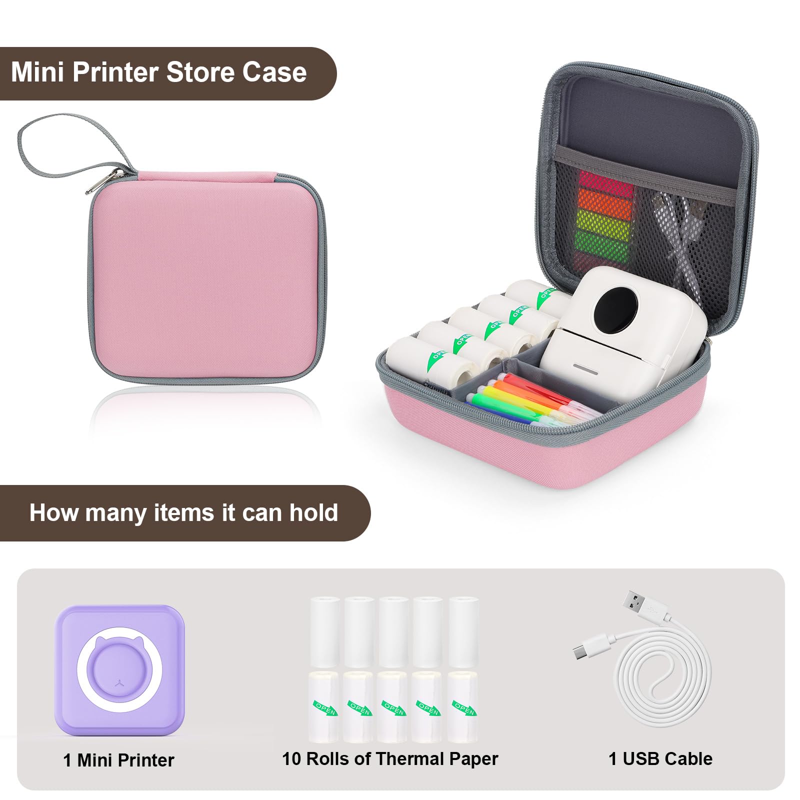 Phomemo T02/Memoking/HUIJUTCHEN Mini Sticker Printer Carrying Case - Portable Hard Travel Storage for Label Maker & Thermal Printer Paper (Pink) - Perfect for Home, Office, School & Travel Organization