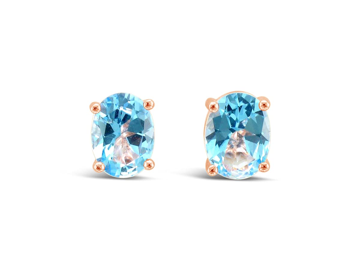 LE VIAN Blue Topaz Oval Stud Earrings for Women - 925 Sterling Silver with 14k Rose Gold Plating - 4-Prong Secure Setting with Push Backs - Perfect for Everyday Wear, Gift Giving & Special Occasions