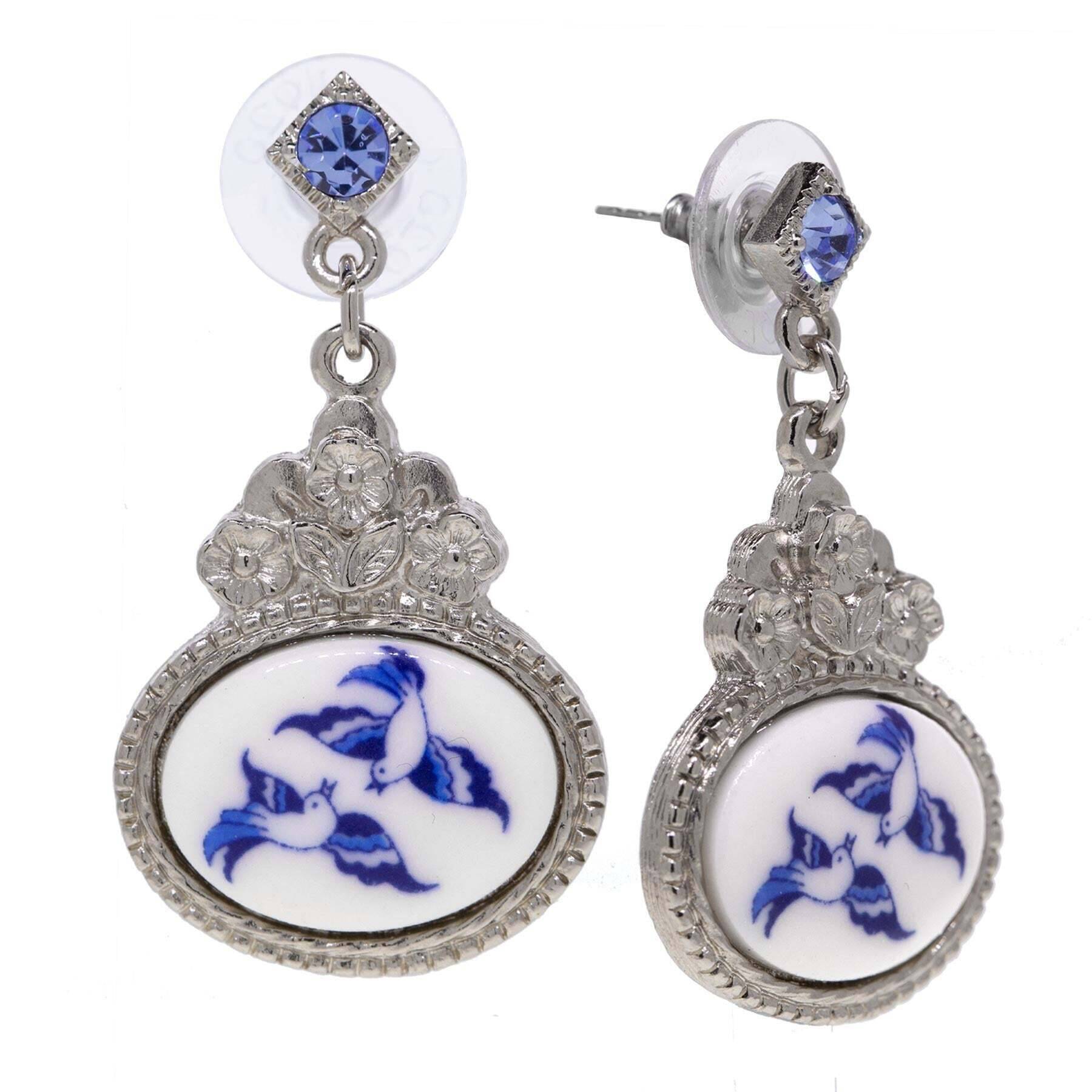 1928 Blue Willow Flower Light Sapphire Crystal Post Drop Earrings for Women - Vintage Style Dangle Earrings for Party, Wedding & Special Occasions