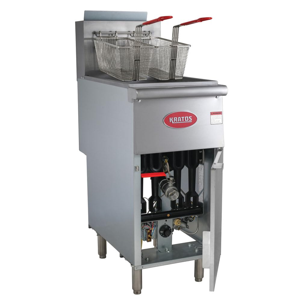 Kratos 50 lb. Commercial Gas Floor Fryer - Stainless Steel Deep Fryer for Restaurants with 4 Heating Tubes & 120,000 BTU - Liquid Propane (29Y-011-LP) - Perfect for Fast Food Chains, Diners & High-Volume Cooking