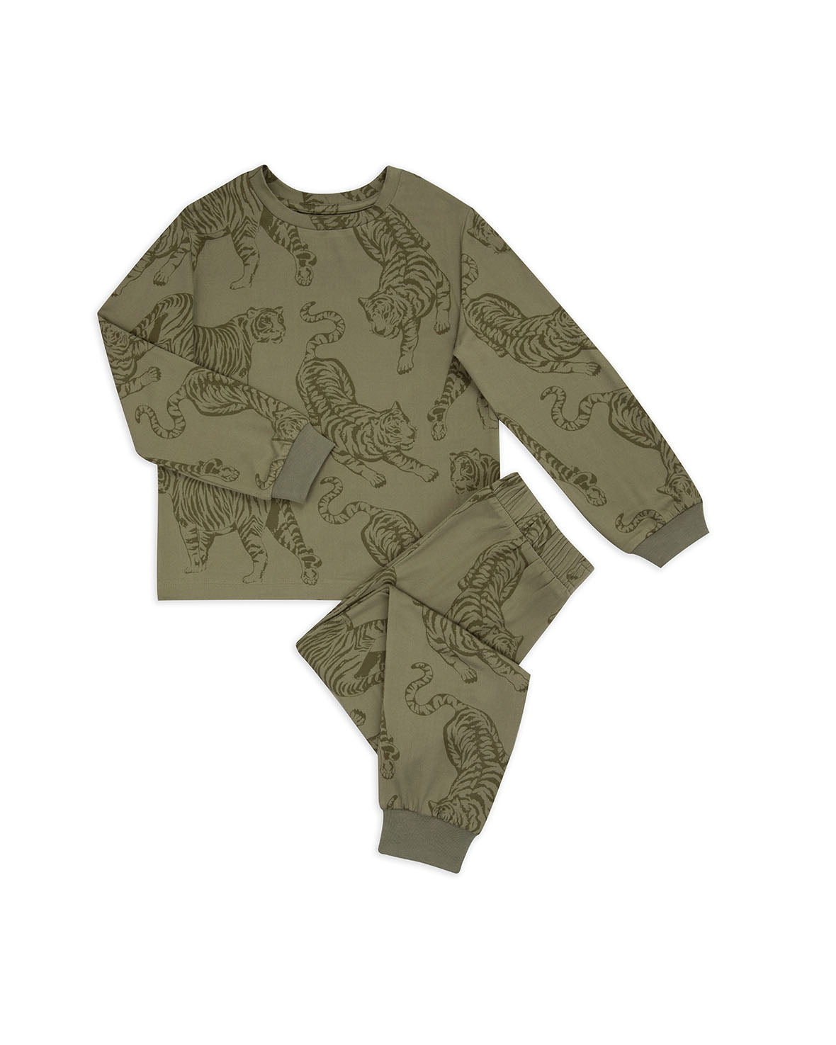 Cute Kids Tiger Print Long Sleeve Pajama Set - Soft & Comfortable Sage Green Sleepwear for Boys & Girls - Perfect for Bedtime, Lounging & Sleepovers