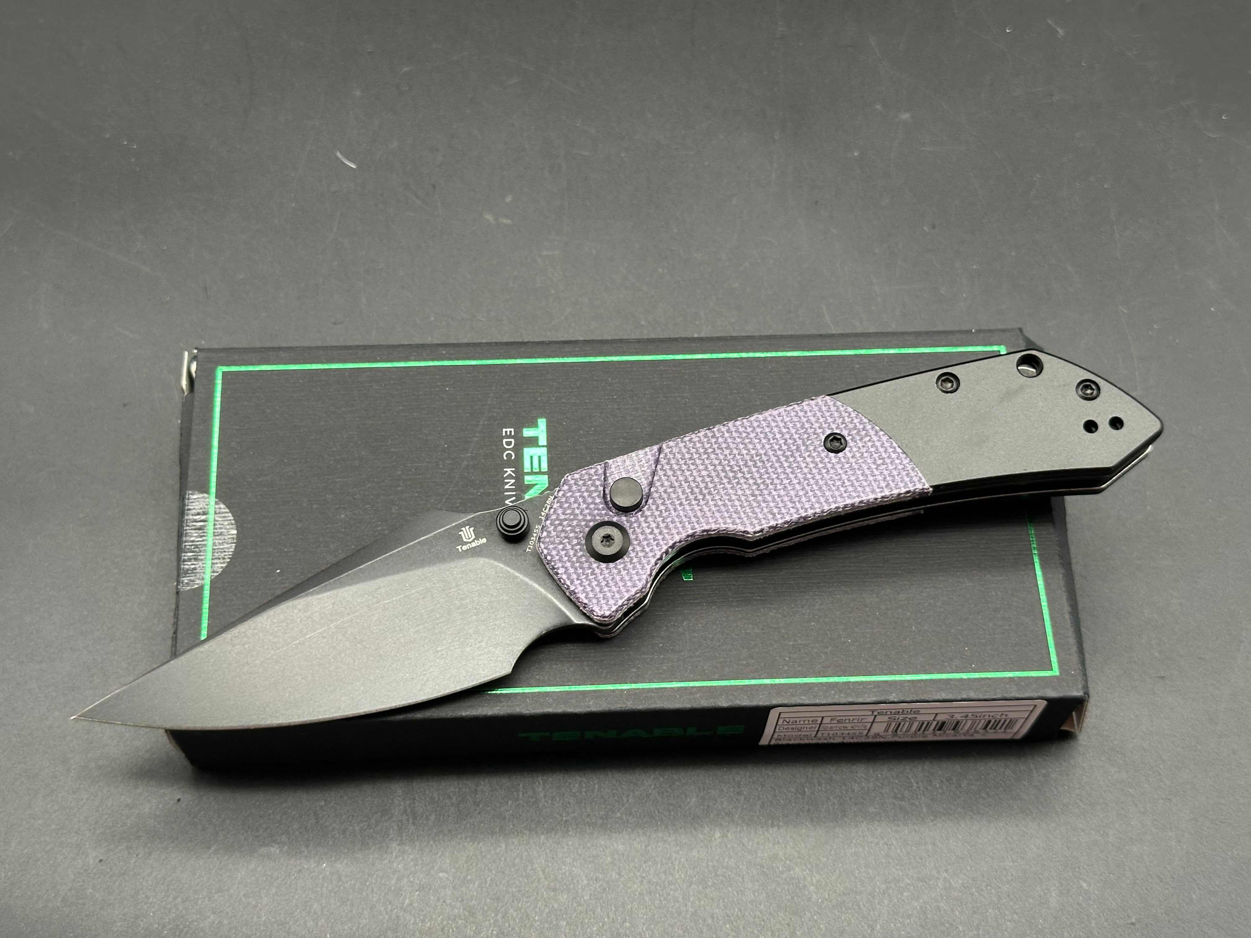 TENABLE FENRIR Button Lock Pocket Knife - Purple Micarta & Blackwash Aluminum Handle, 14C28N Harpoon Blade | EDC, Outdoor Survival, Camping Gear
