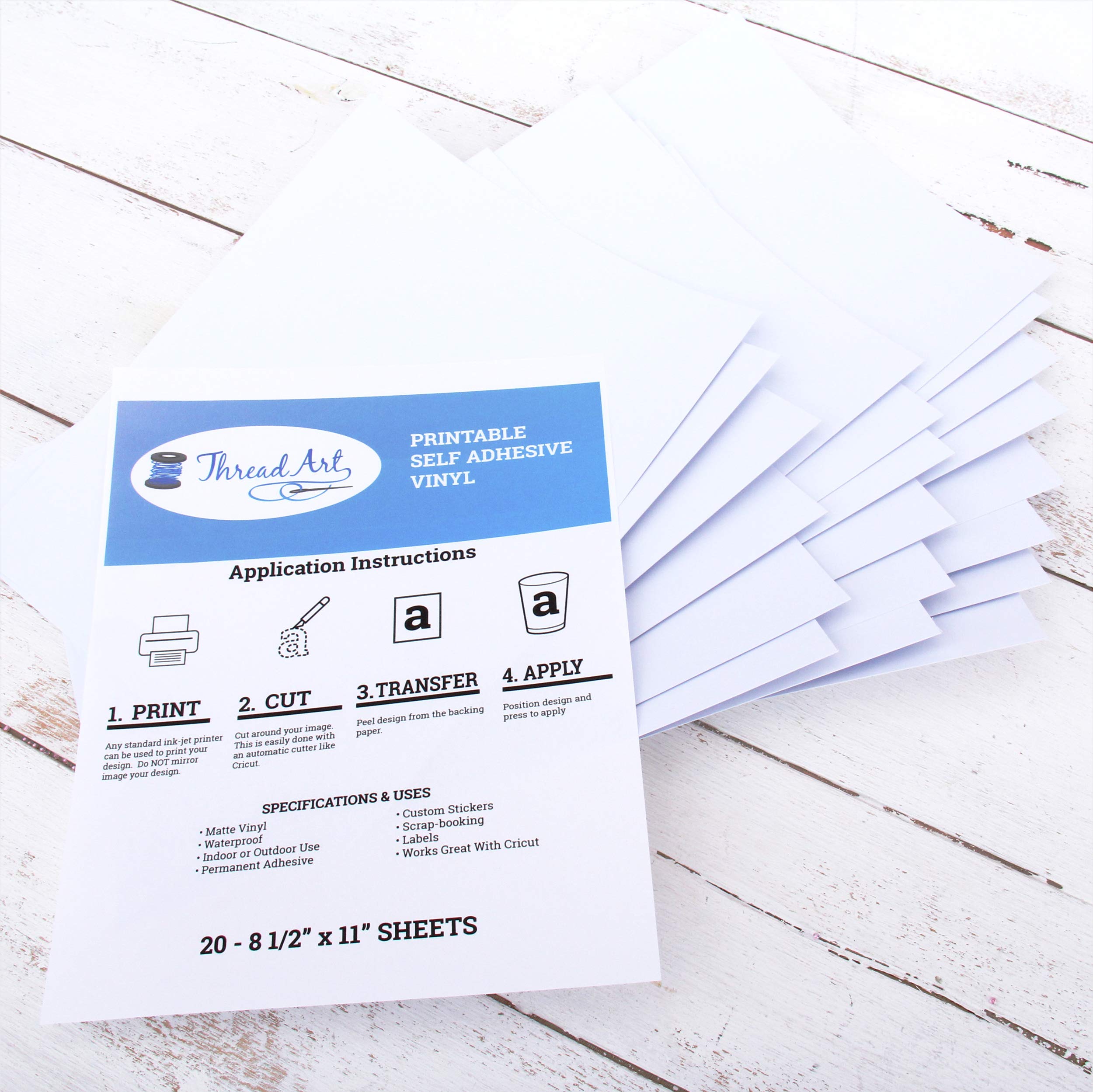 Threadart Printable Vinyl Sticker Paper - 20 Sheets 8.5x11