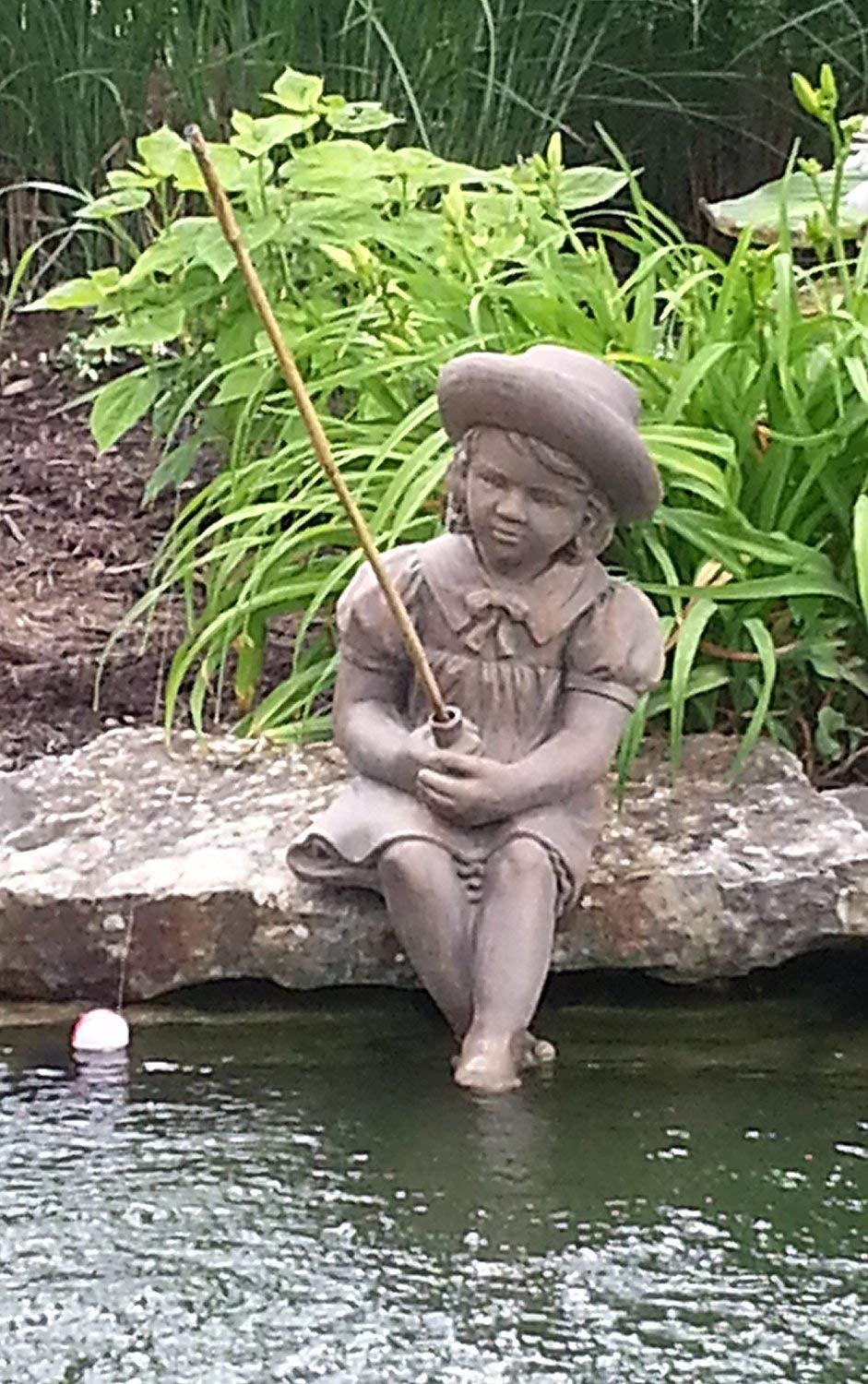 Massarelli's Fishing Girl Cast Stone Statue - Outdoor Garden & Pond Decor Sculpture - Perfect Gift for Fishing Enthusiasts & Garden Lovers - Ideal for Patio, Backyard & Water Feature Decoration