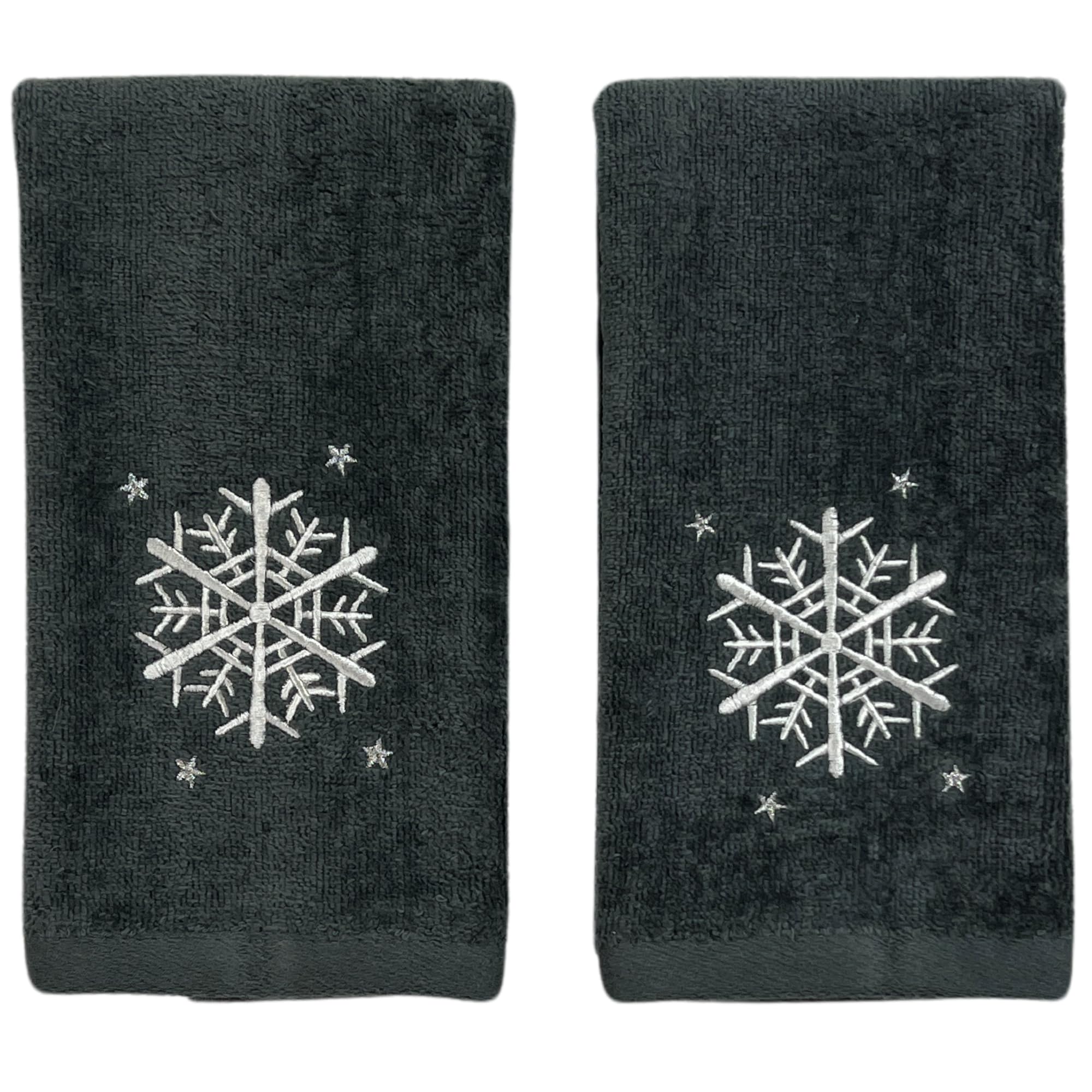 Snowflake Design Grey Holiday Fingertip Bathroom Guest Towels - Set of 2, 12x18 Inches, 100% Cotton - Perfect for Christmas Decor, Guest Bathrooms & Winter Home Accents