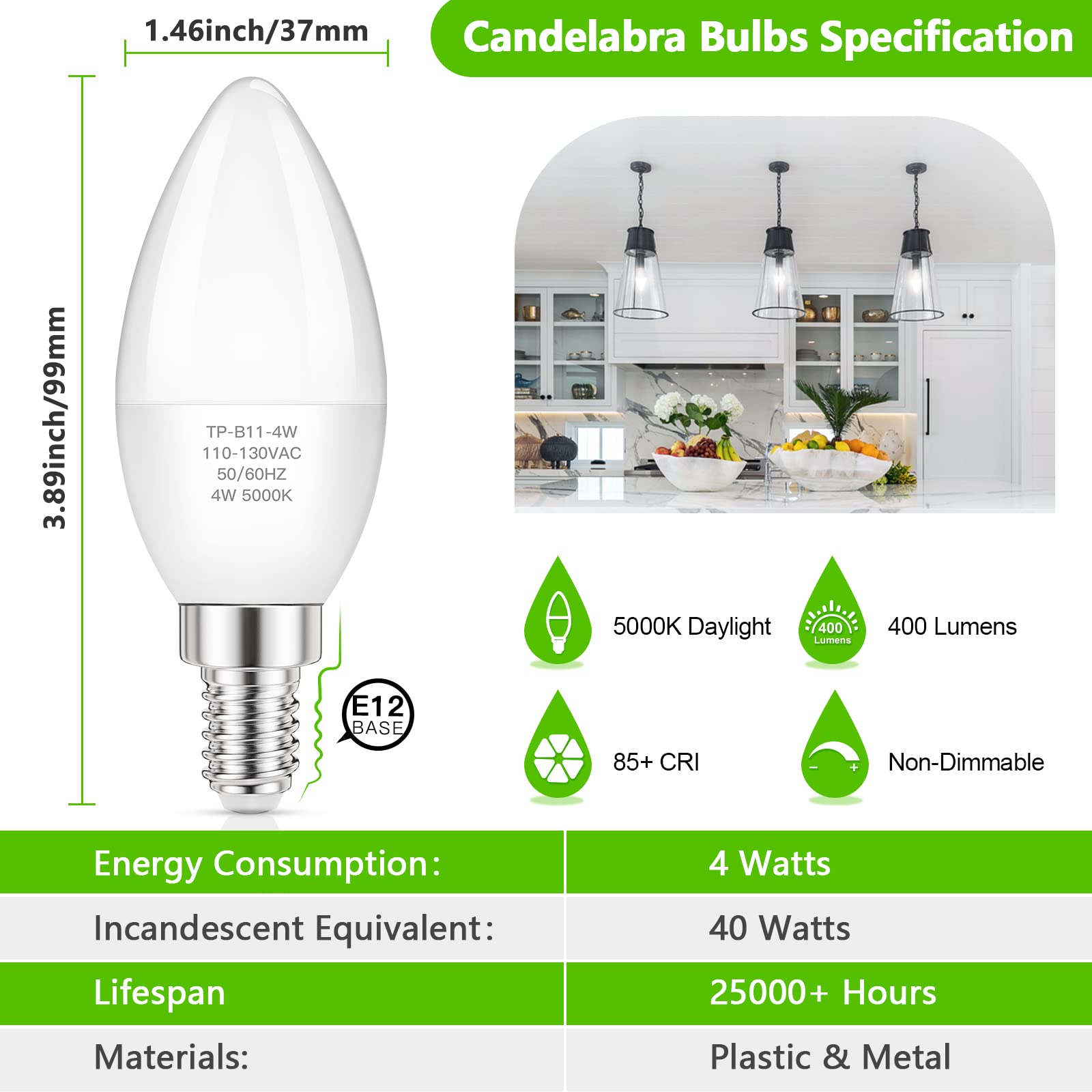 MAXvolador E12 LED Candelabra Light Bulbs - 40W Equivalent, 5000K Daylight White, 4W Energy Saving, 400LM Brightness, Non-Dimmable Chandelier Bulbs (Pack of 6) - Perfect for Ceiling Fans, Pendant Lights & Decorative Fixtures