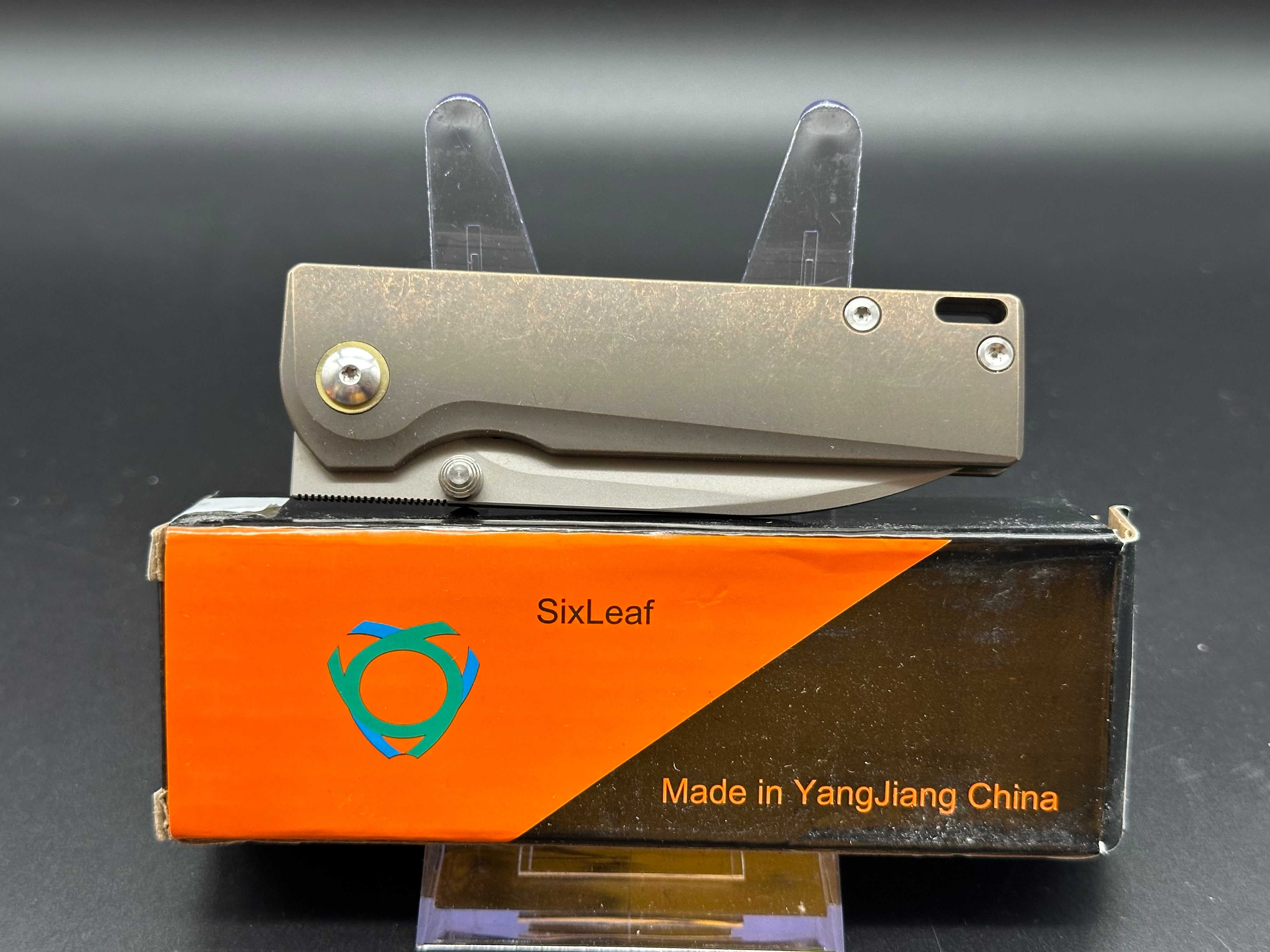 SixLeaf SL-26 Sand Rattle Snake Pocket Knife - D2 Steel Plain Edge Blade with Sandwashed Titanium Handle - EDC, Camping, Hunting & Outdoor Survival Tool