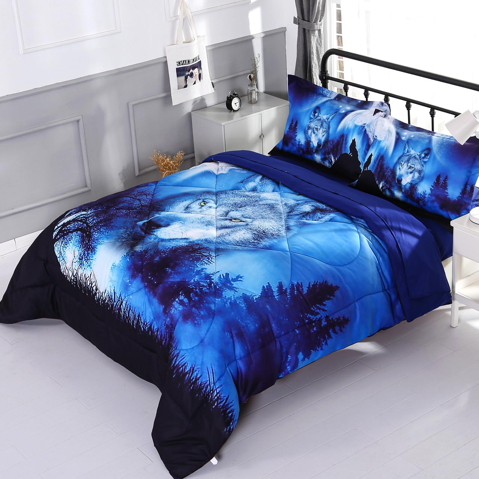 Wowelife 5-Piece Full Size Wolf Bedding Set - 3D Blue Kids Comforter with Breathable Comforter, Flat Sheet, Fitted Sheet & 2 Pillowcases | Perfect for Boys' Room, Teen Bedroom & Wildlife Themed Decor
