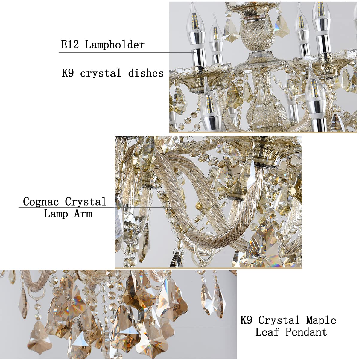 Modern Elegant K9 Crystal Chandelier - 8-Light Cognac Ceiling Pendant Fixture with E12 Candle Style Base for Living Room, Bedroom & Hallway | Luxury Lighting for Dining Room, Foyer & Wedding Decor