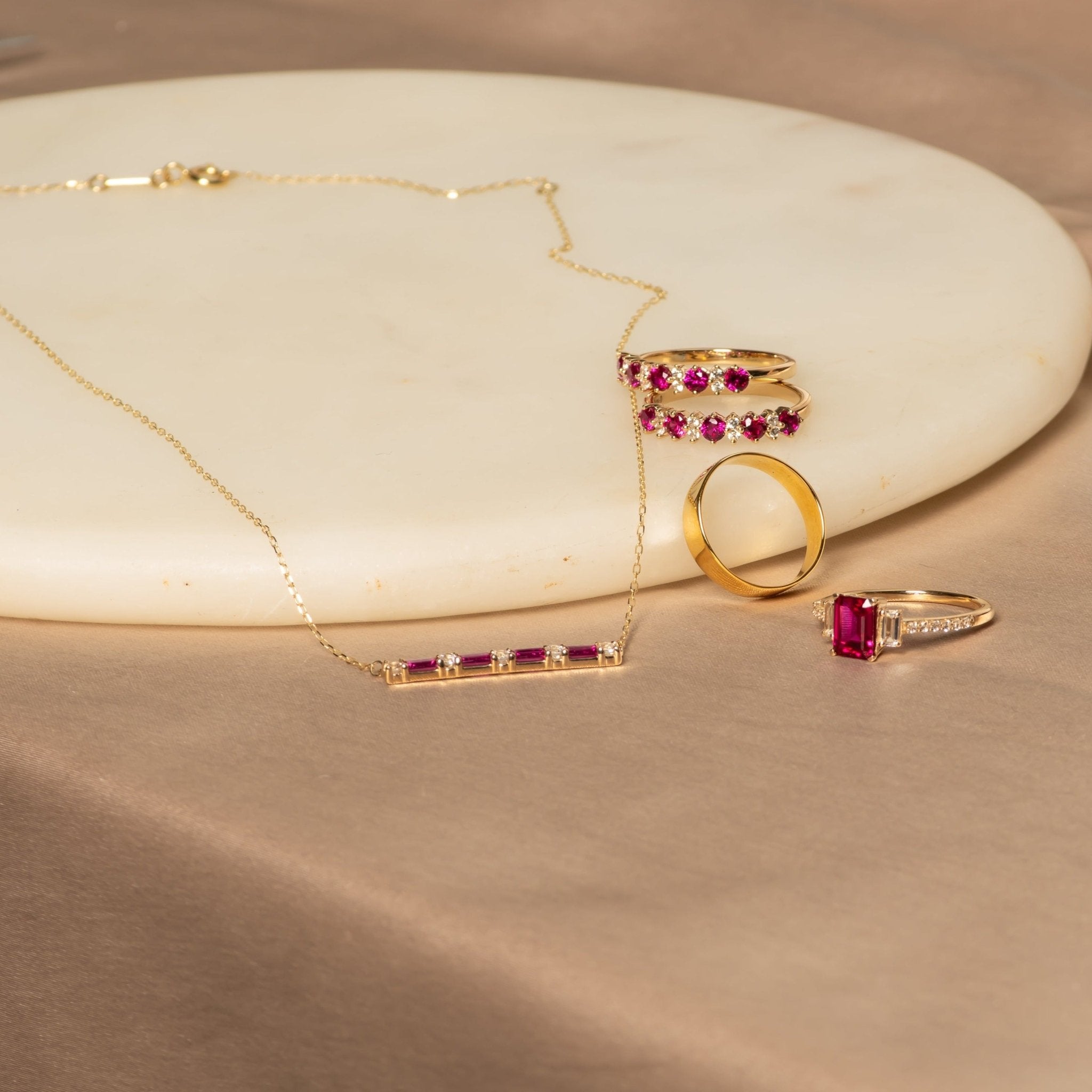 Emerald Cut Ruby and Round White Sapphire Bar Necklace - 10k Solid Yellow Gold Dainty Jewelry for Women, Gift for Her, Anniversary, Birthday, Valentine's Day