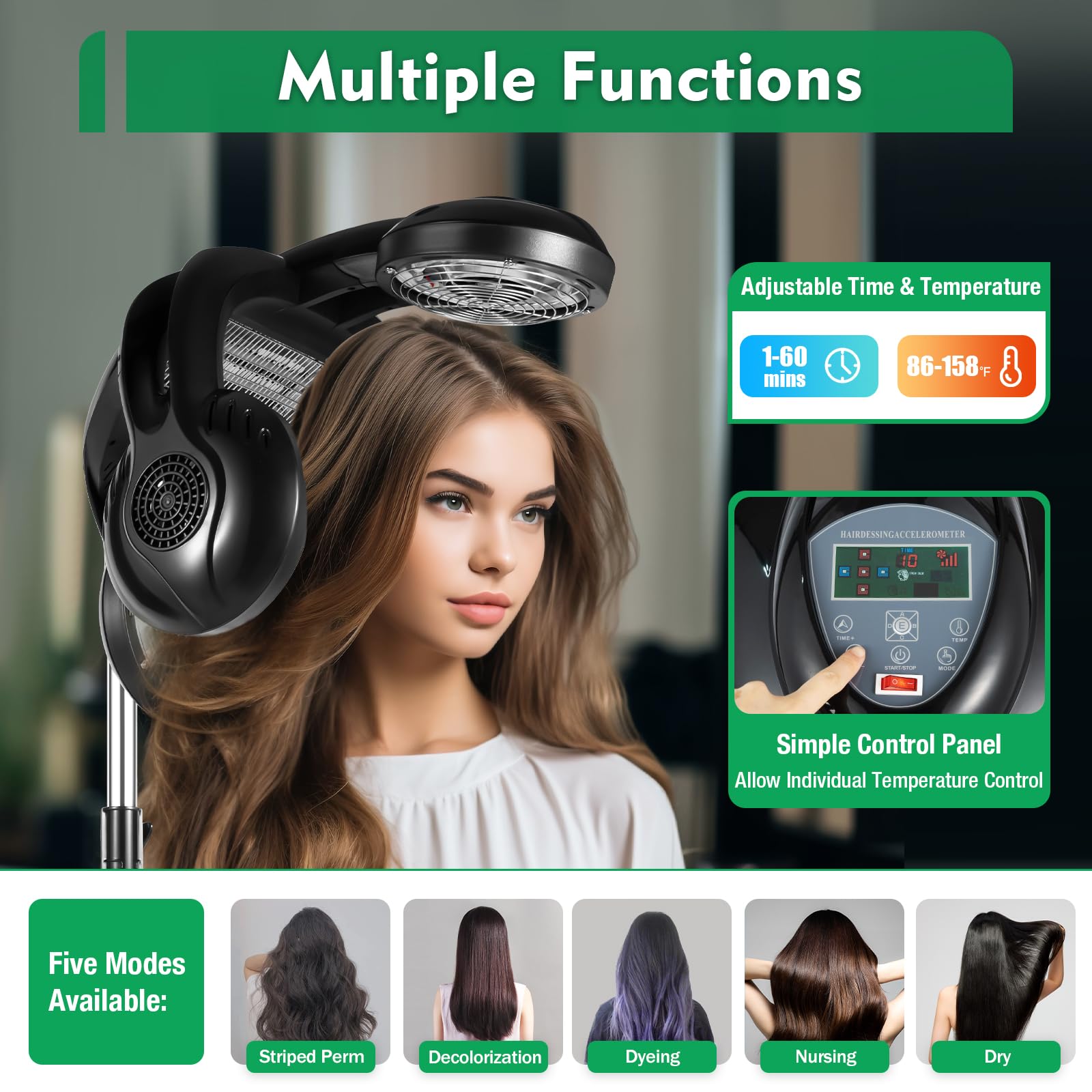 1400W Professional Salon Hair Dryer with Smooth Wheels - Adjustable Stand Hood Dryer for Home & Salon Use - Perfect for Styling, Drying & Hair Treatments - Black