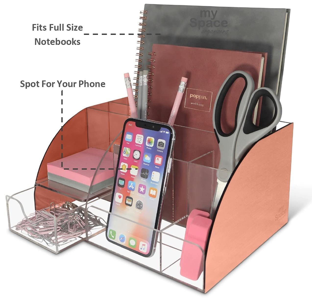 Rose Gold Acrylic Desk Organizer with 9 Compartments & Drawer - Pen Holder & Office Supplies Storage - Stylish Desktop Organization for Home & Office Workspace