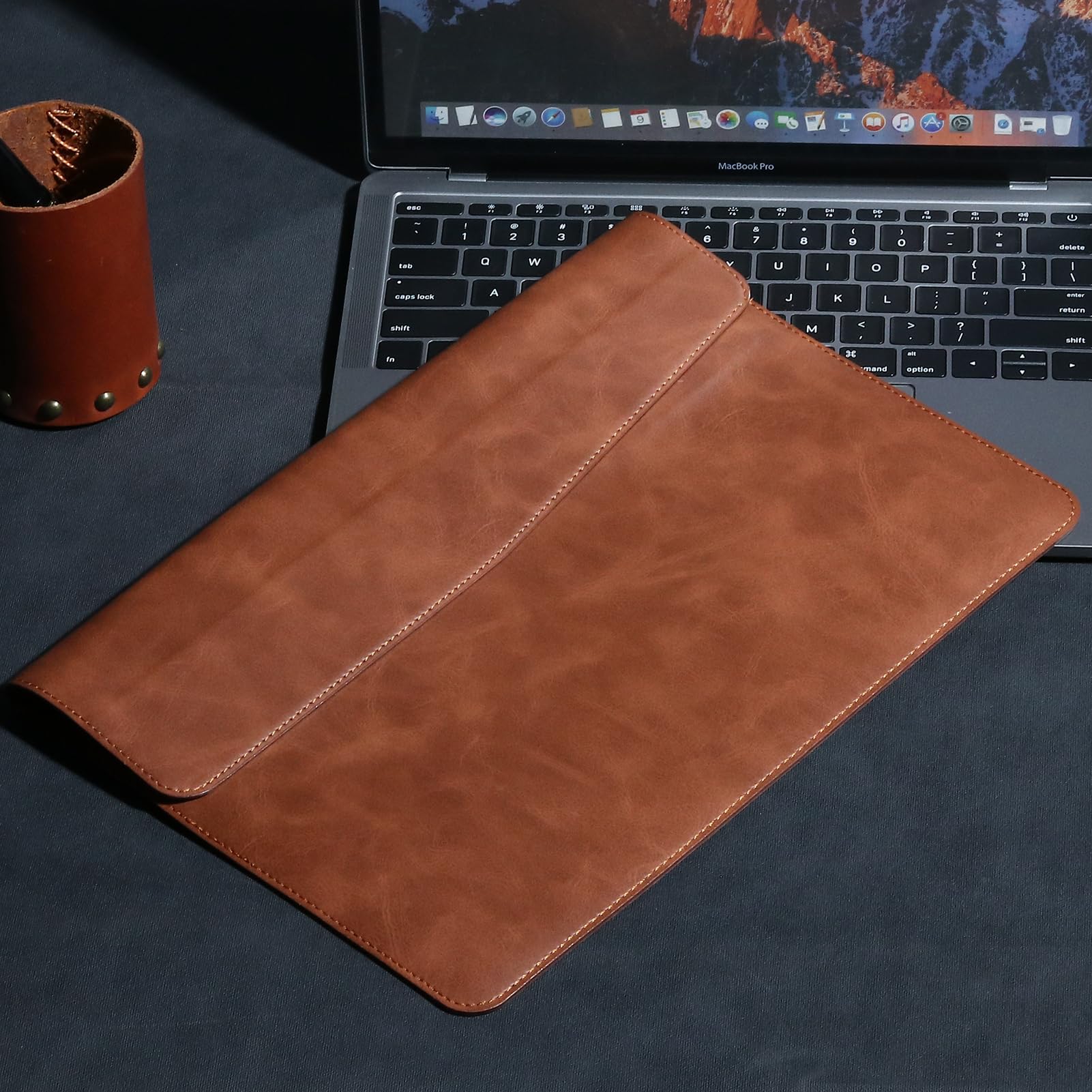 Premium Leather Laptop Sleeve for MacBook Pro 16 Inch (M3/M2) - Slim Durable Waterproof Protective Case for 15-16 Inch Laptops - Brown - Perfect for Business Travel & Office Use