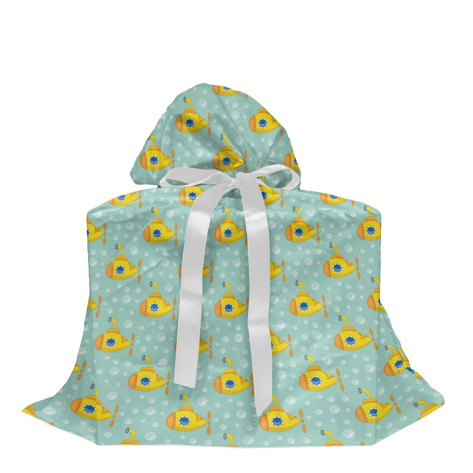 Ambesonne Yellow Submarine Fabric Gift Bag - Nautical Design with Submarine & Bubbles, Party Birthday Present Sack with 3 Ribbons (27